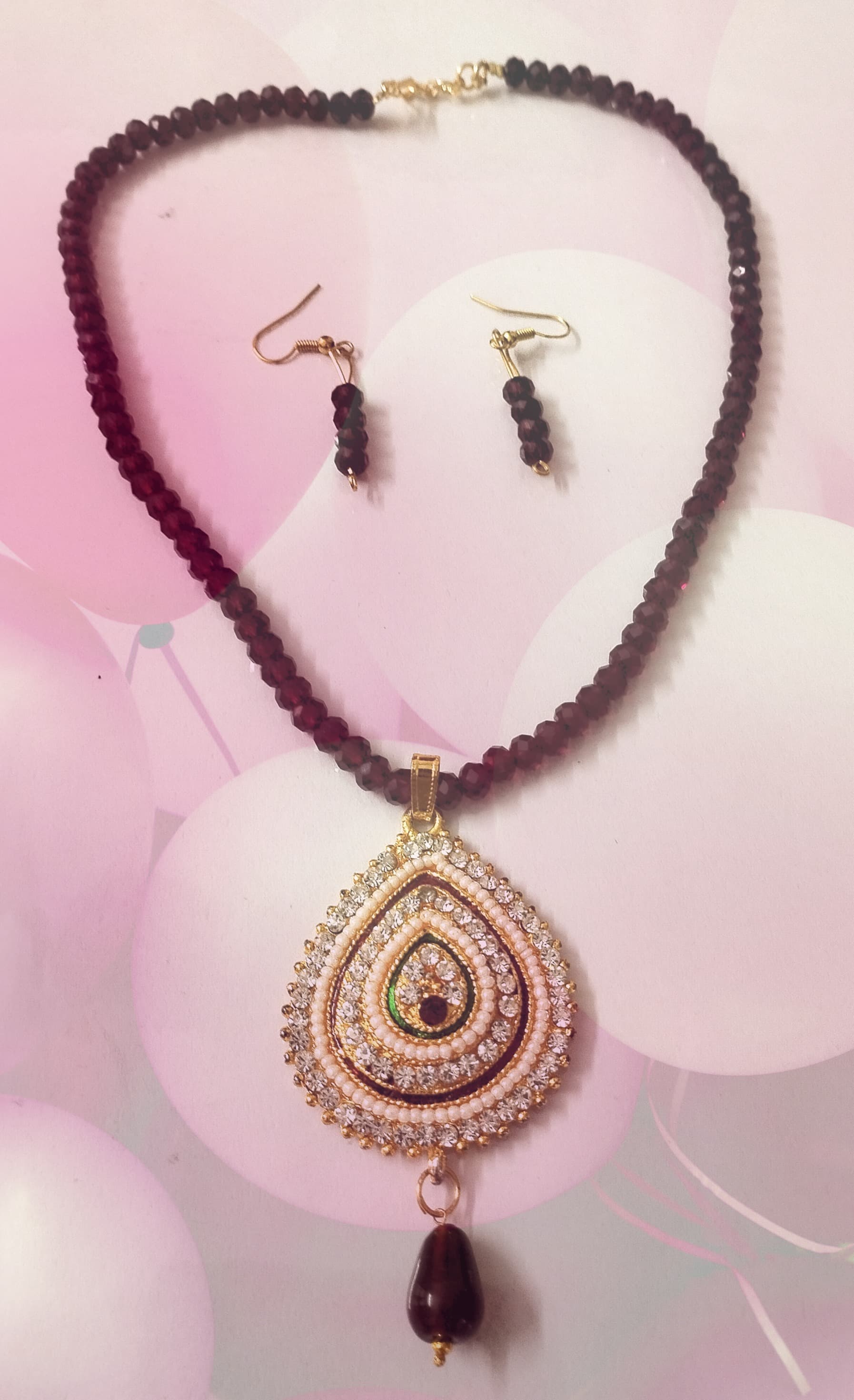 Necklace and earring set — plum with a rose gold teardrop