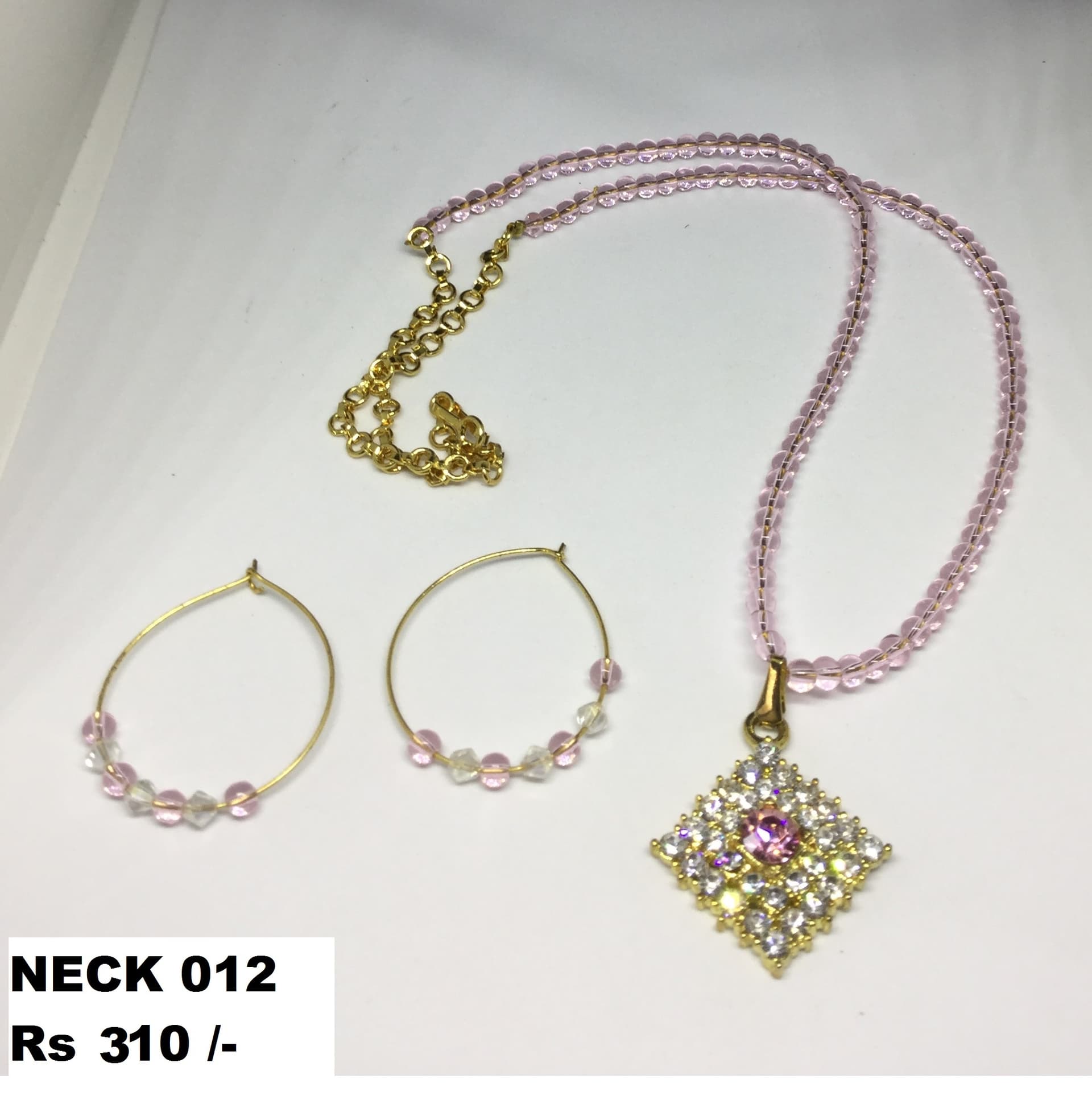Necklace, earring and bangle set — pale pink with a gold square pendant