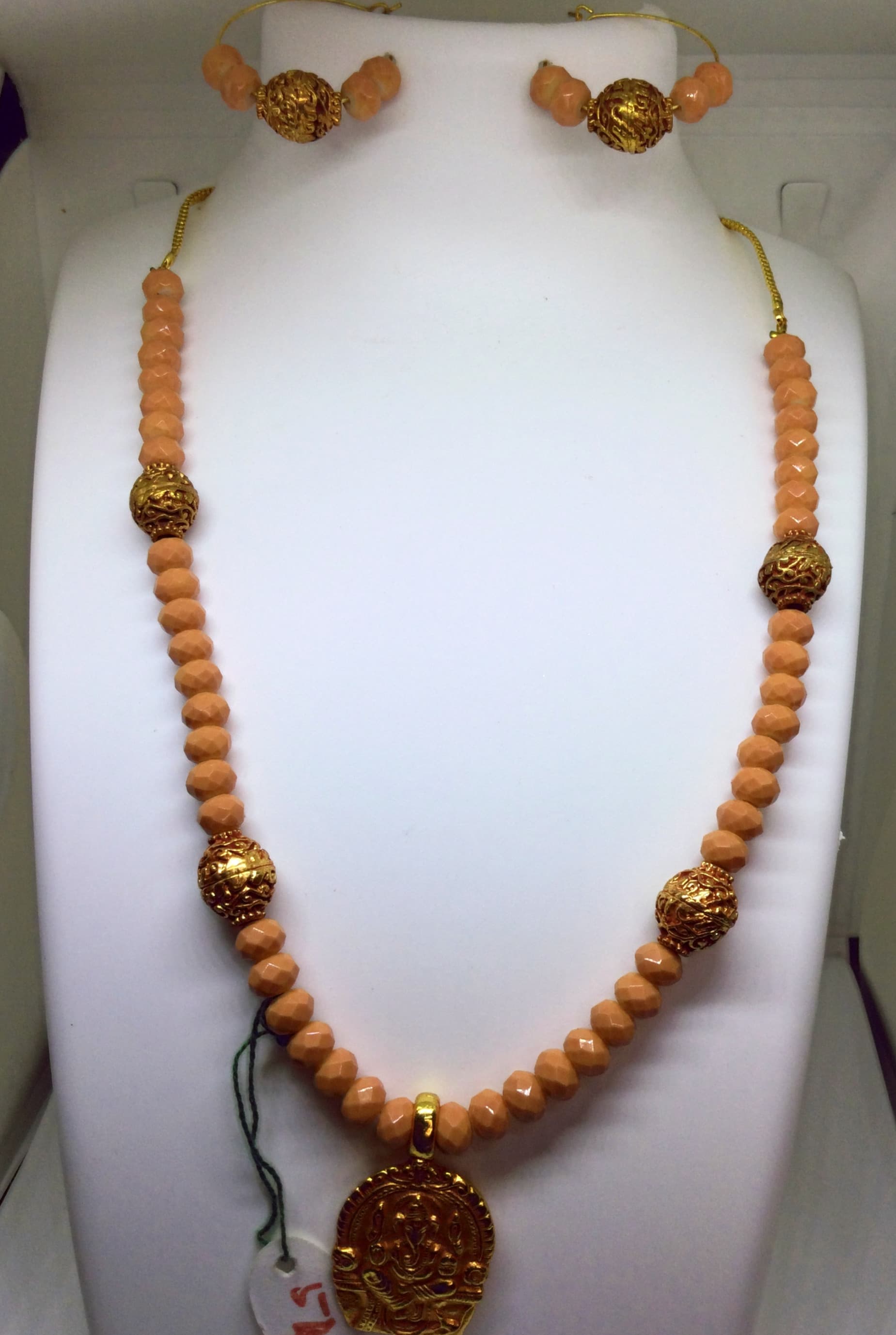 Necklace and earring set — peach and gold