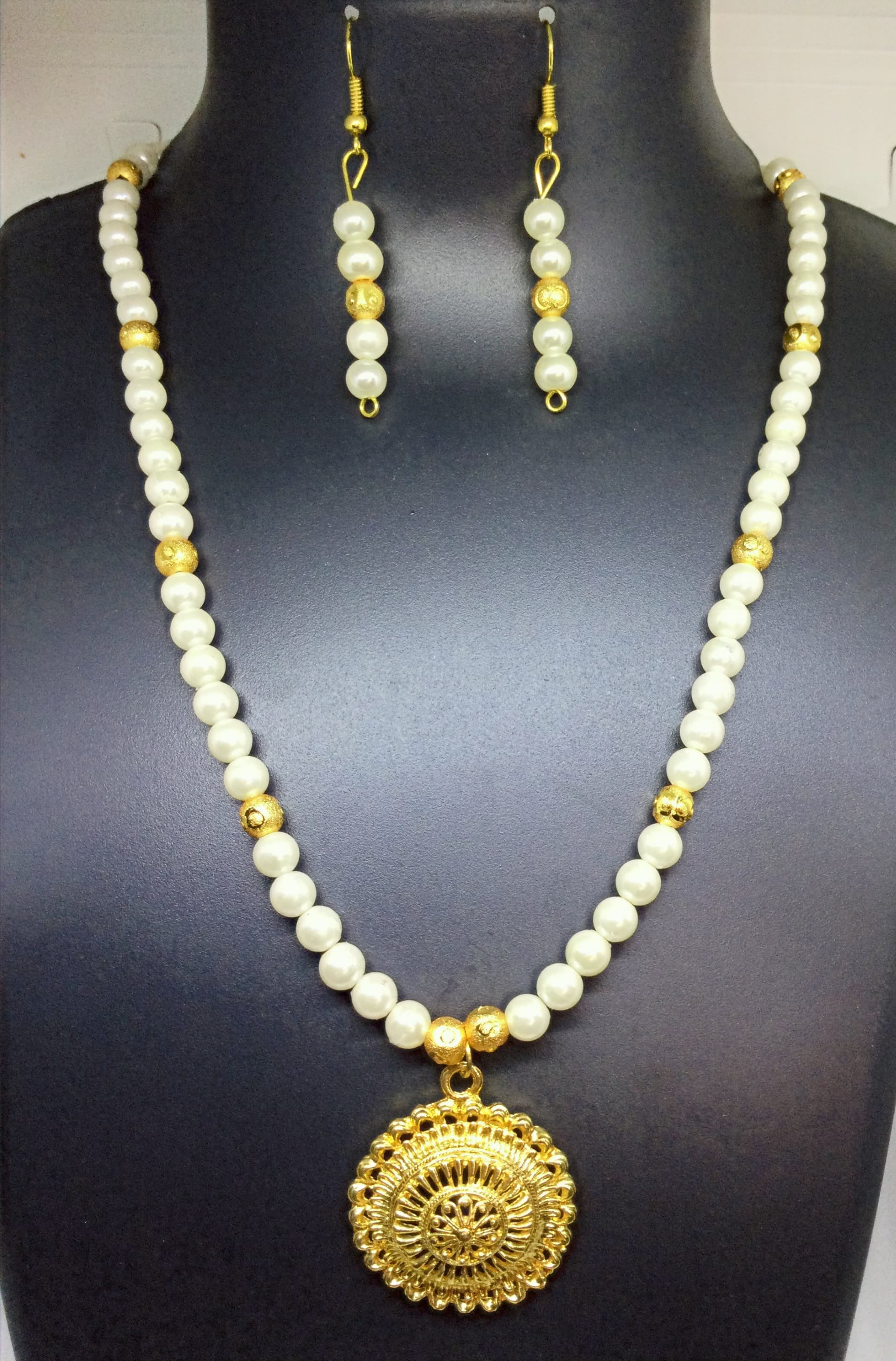 Necklace and earring set — cream and gold with a gold medallion