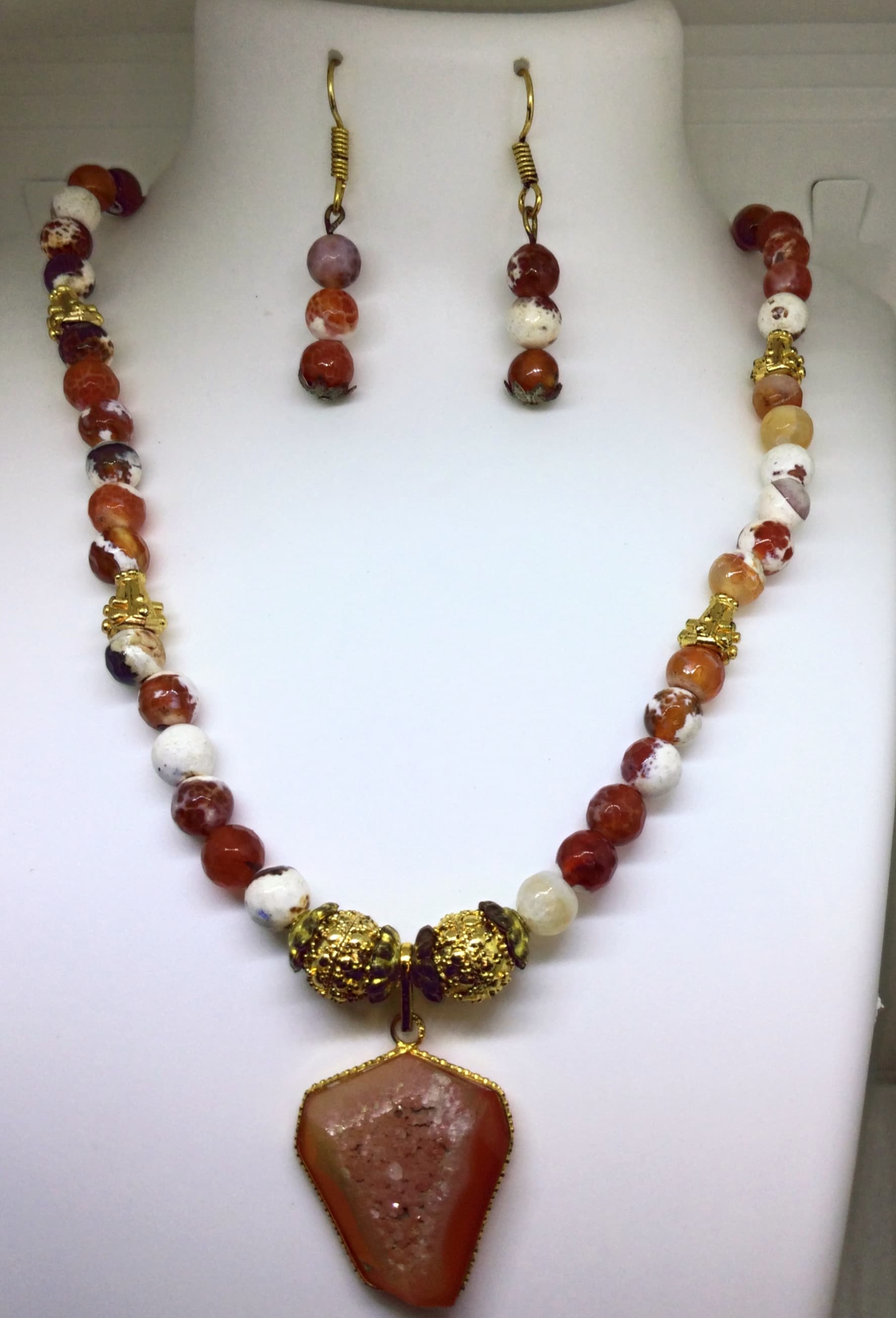 Necklace and earring set — red and amber with an amber teardrop