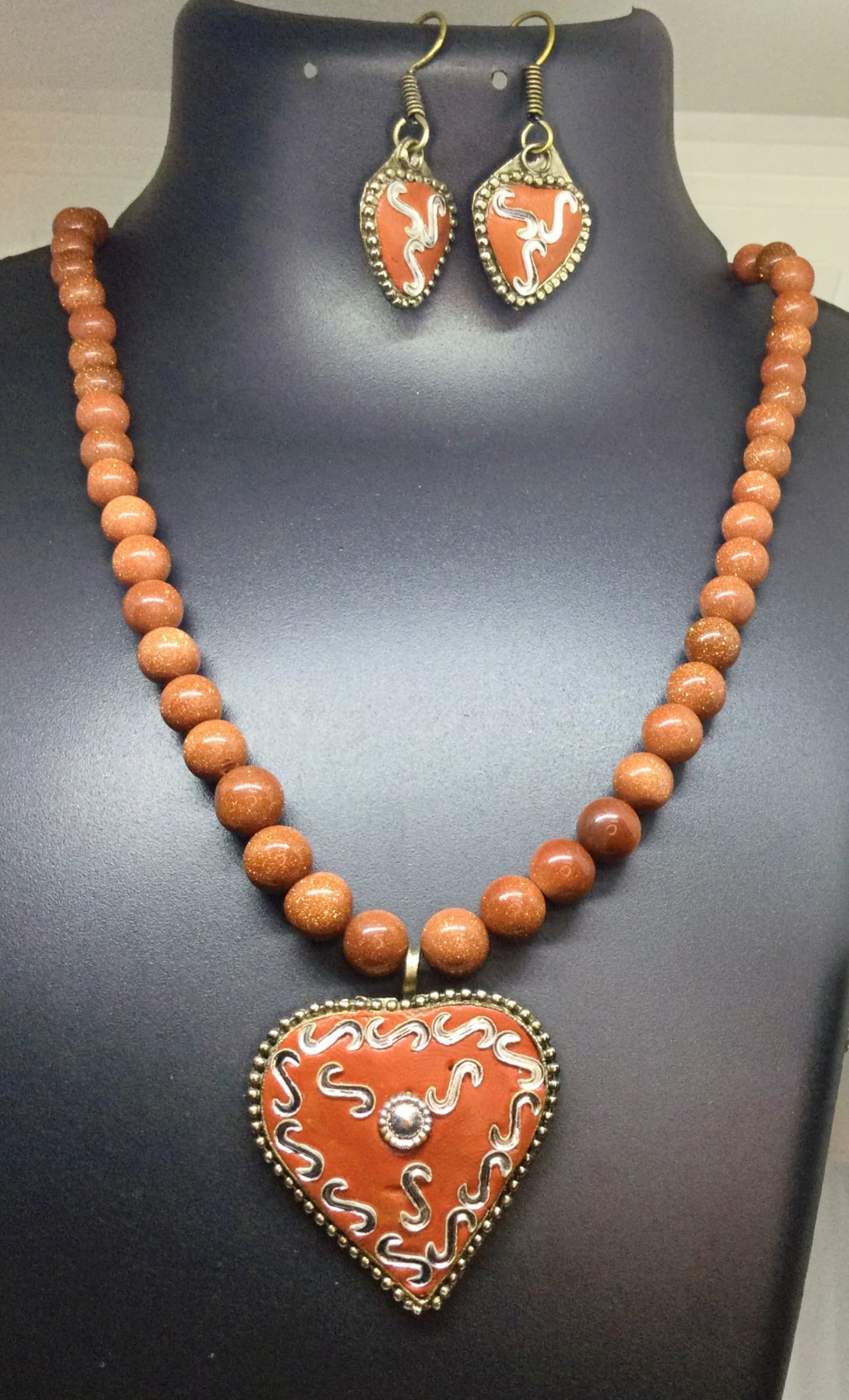Necklace and earring set — peach with a coral heart pendant