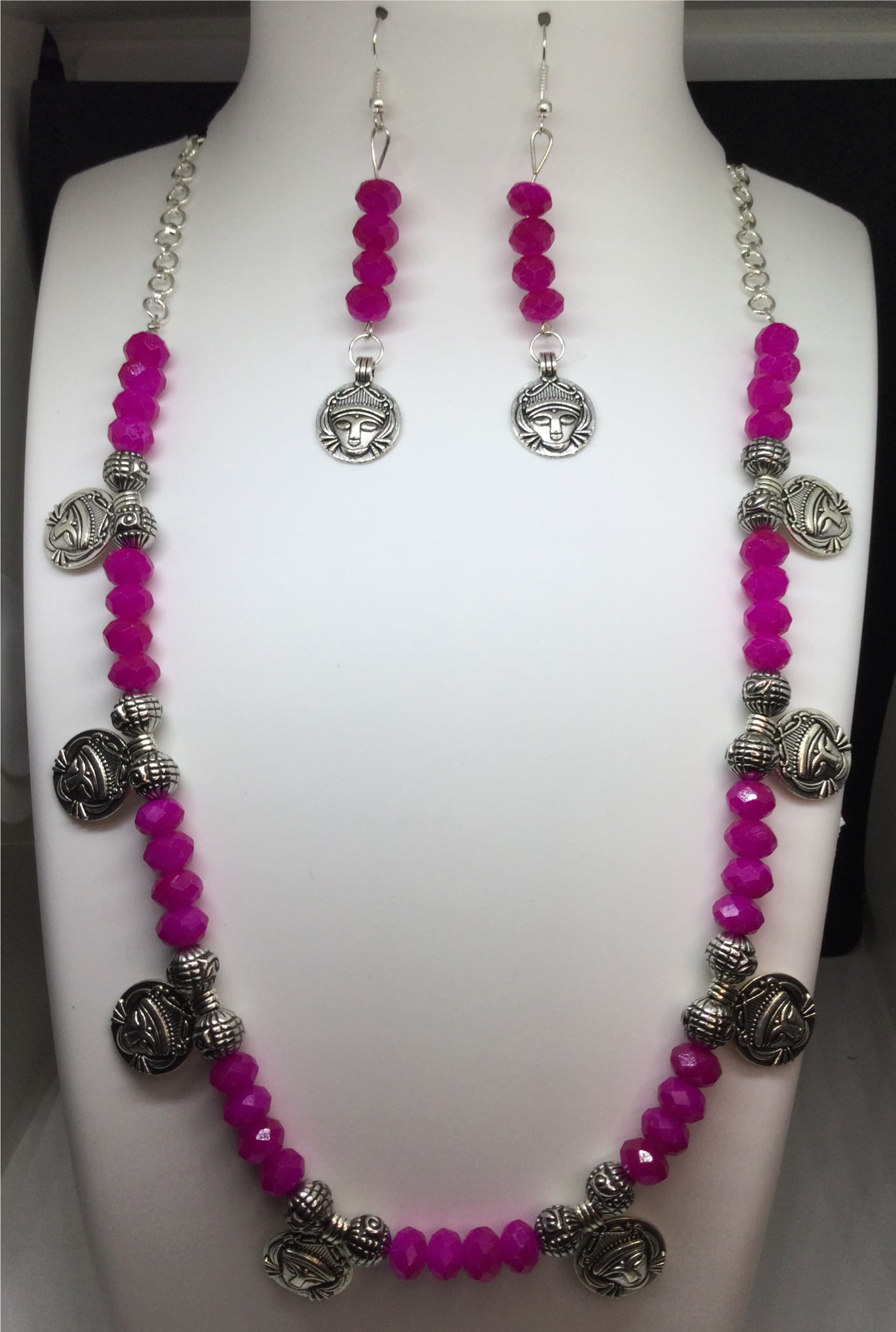 Necklace and earring set — magenta with silver coin drops