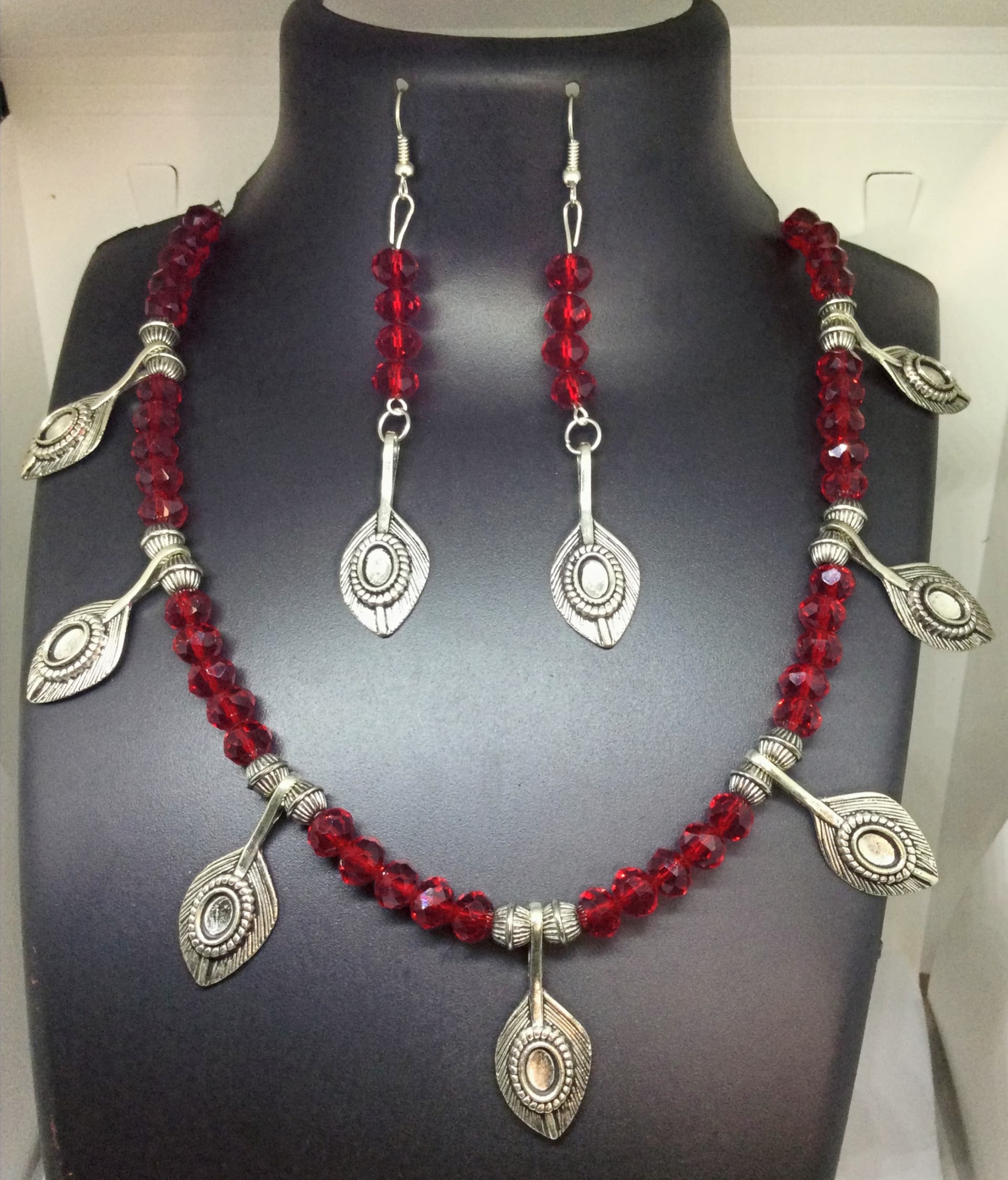 Necklace and earring set — red with silver drops