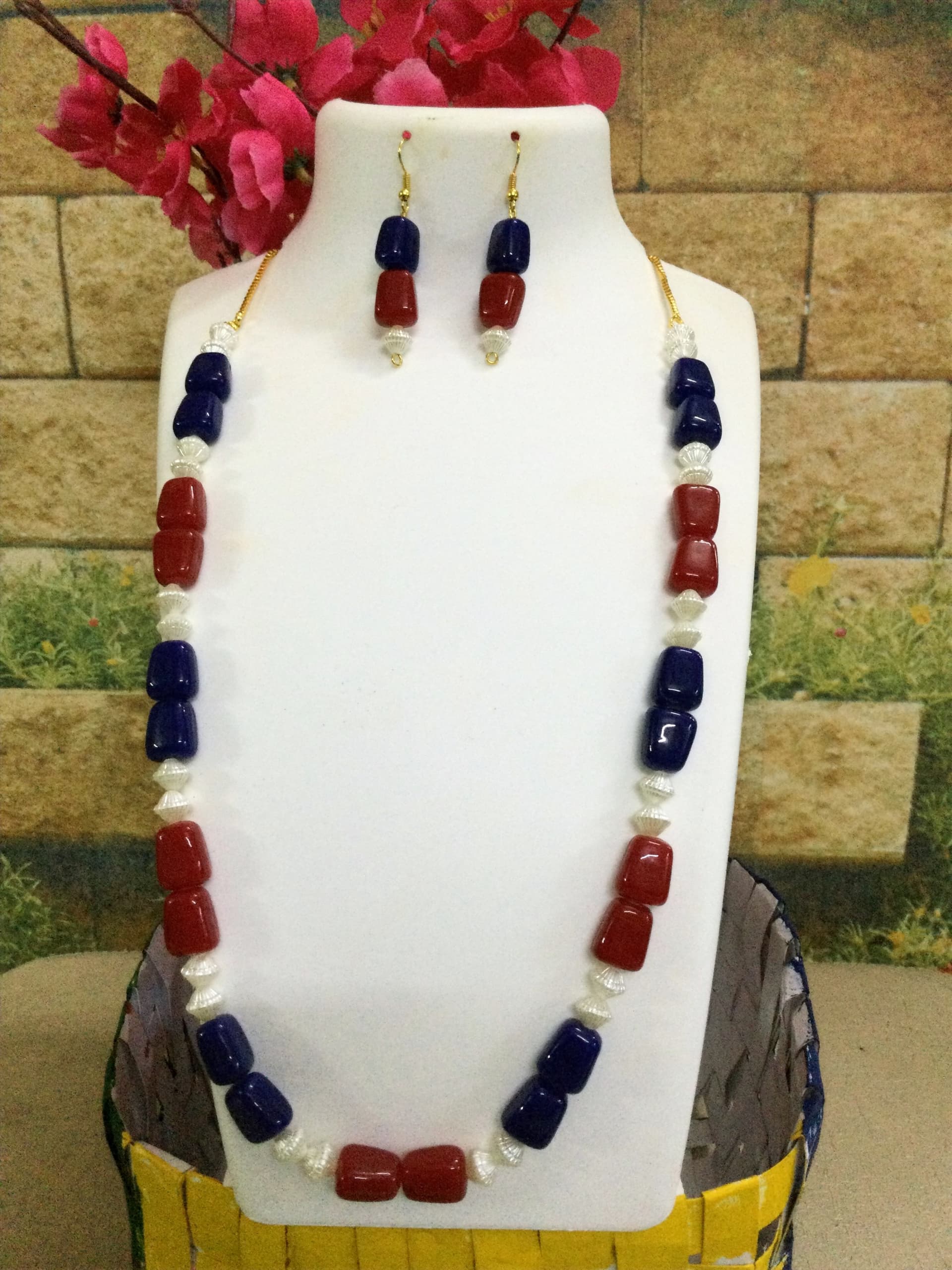 Necklace and earring set — navy, red and white