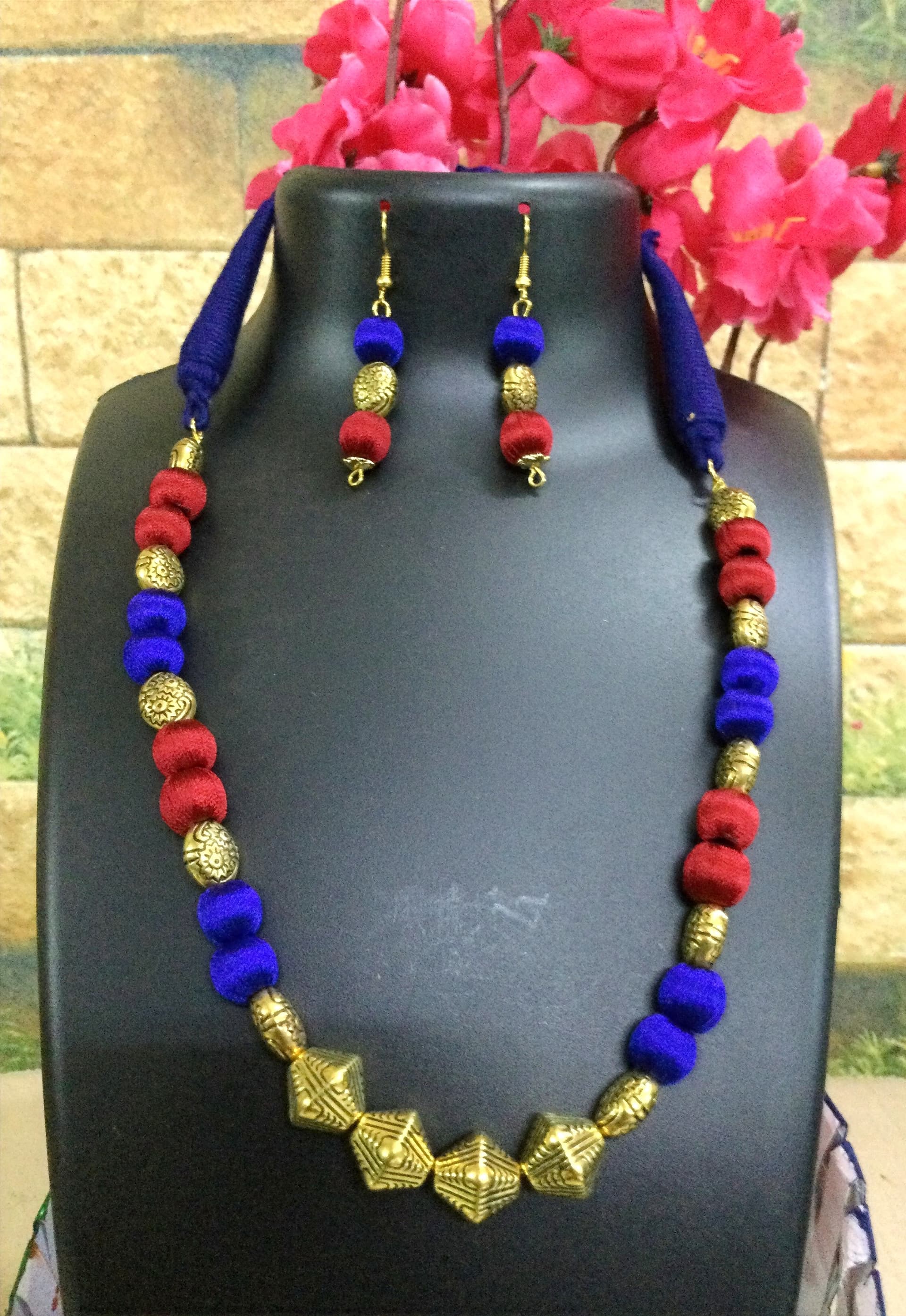 Necklace and earring set — red, blue and gold