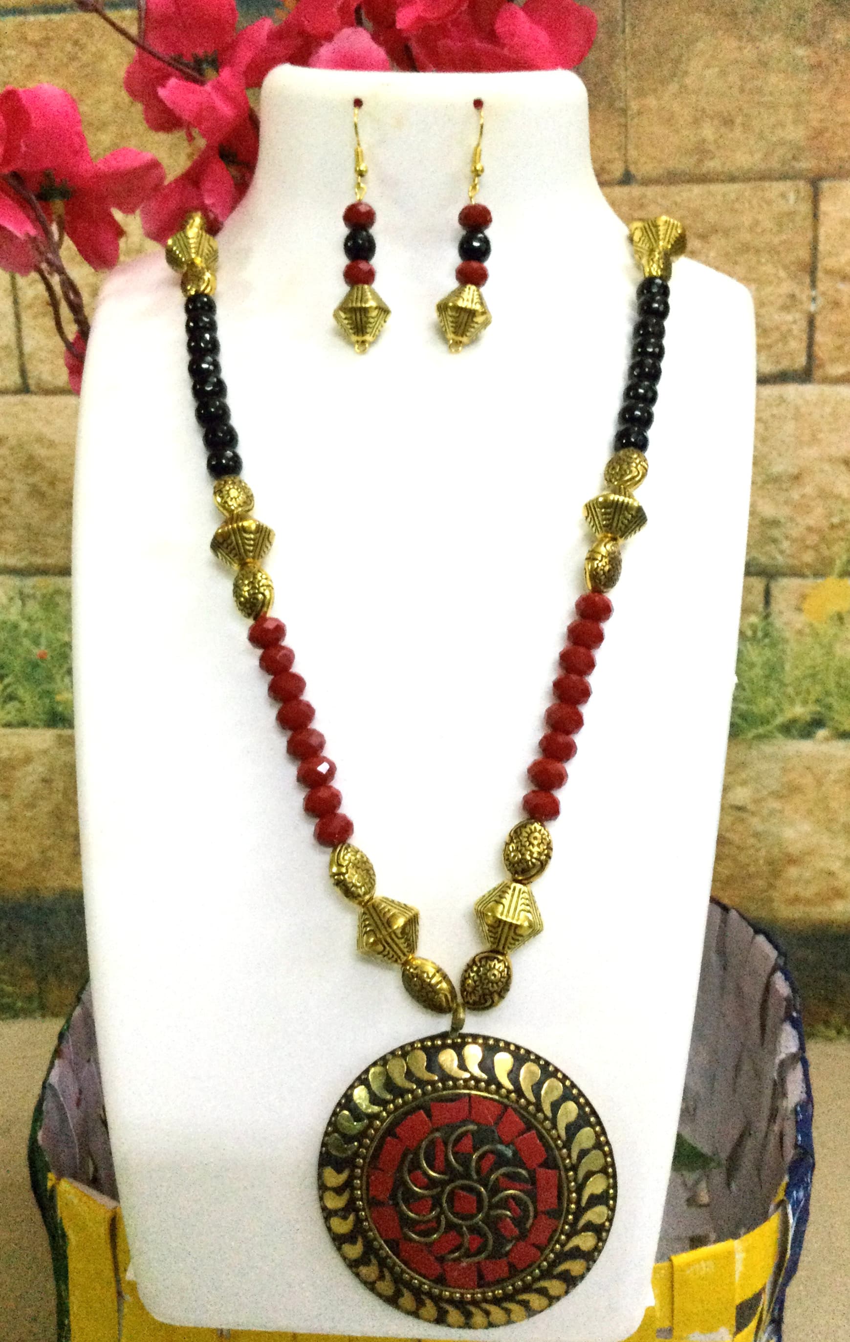Necklace and earring set — wine red with a red enamel medallion