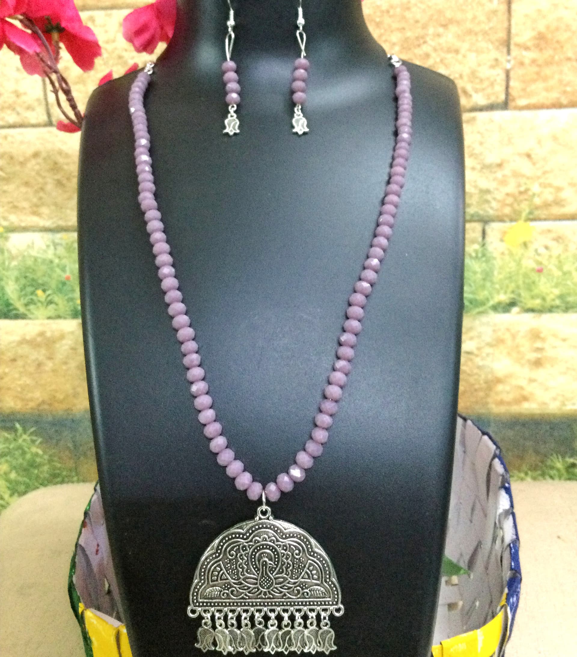 Necklace and earring set — lilac with a silver jhumka pendant