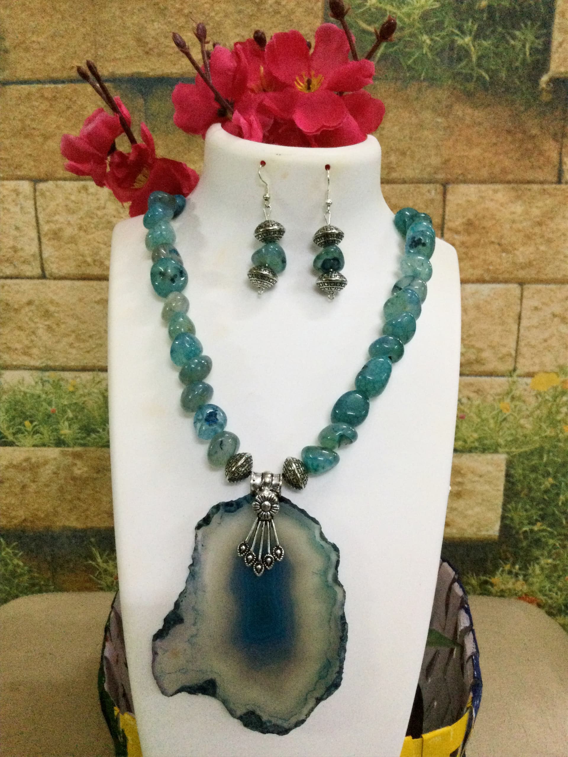 Necklace and earring set — teal and green with an agate slice pendant