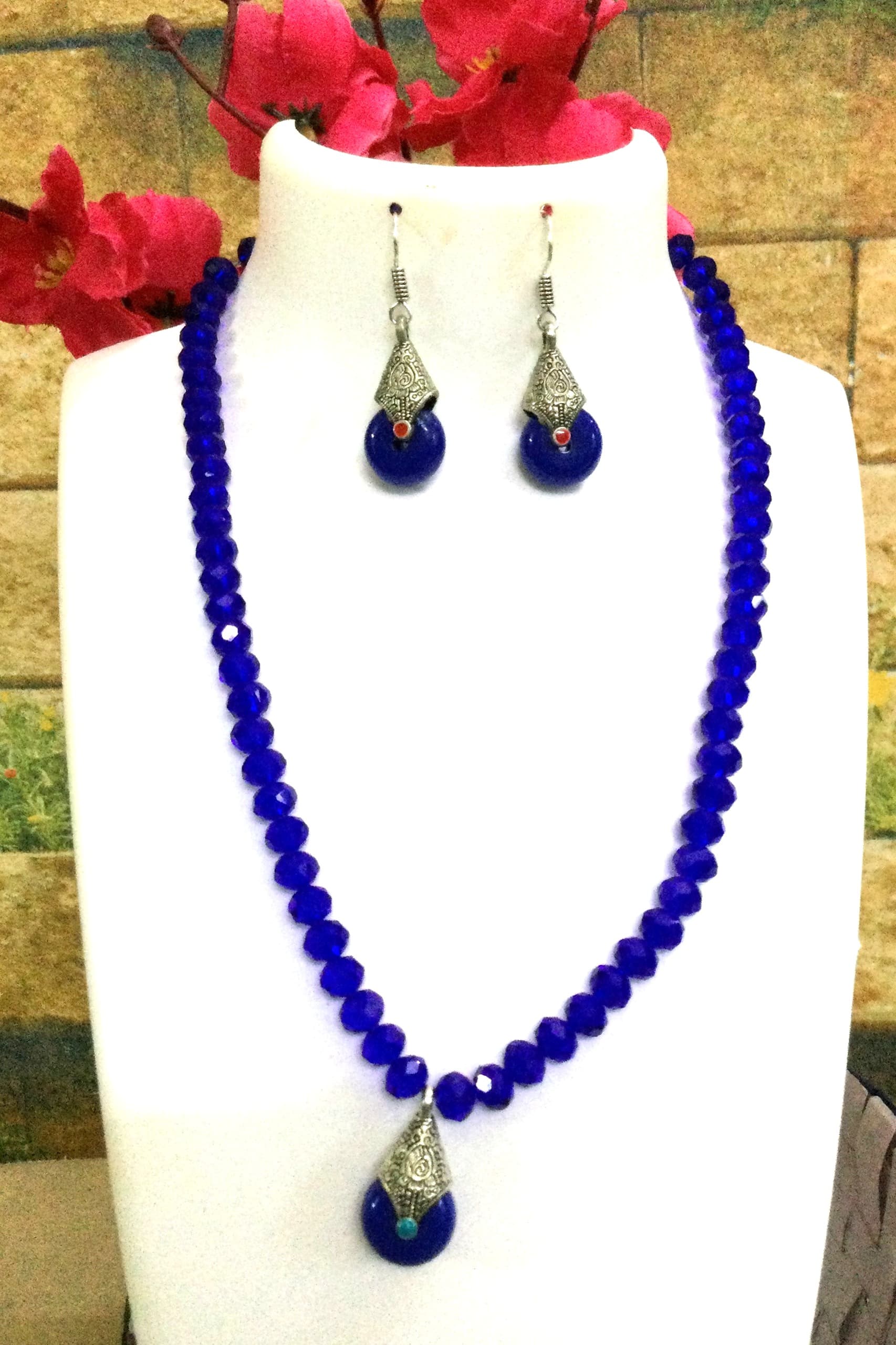 Necklace and earring set — royal blue with a blue drop
