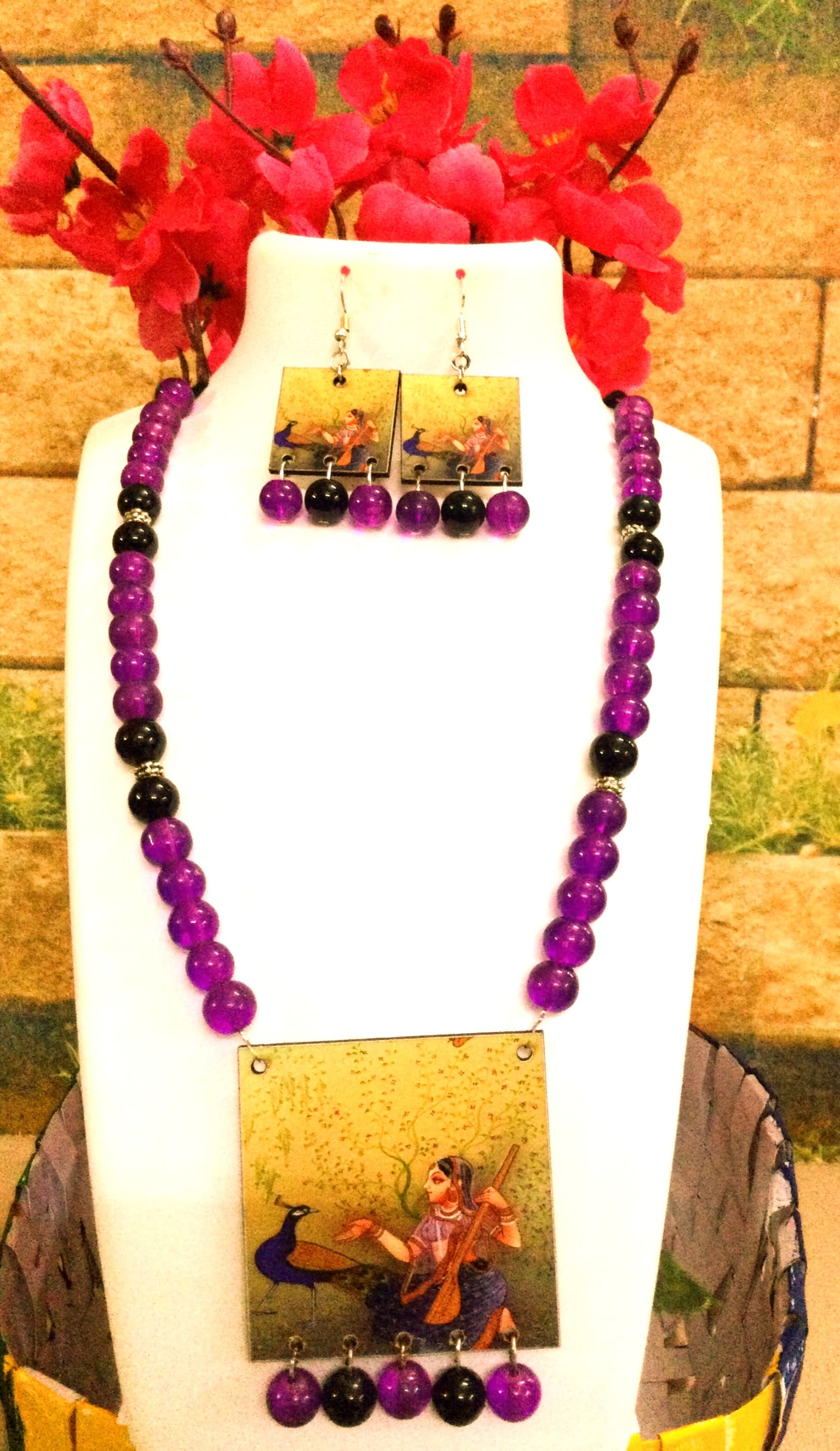 Necklace and earring set — magenta with gold drops