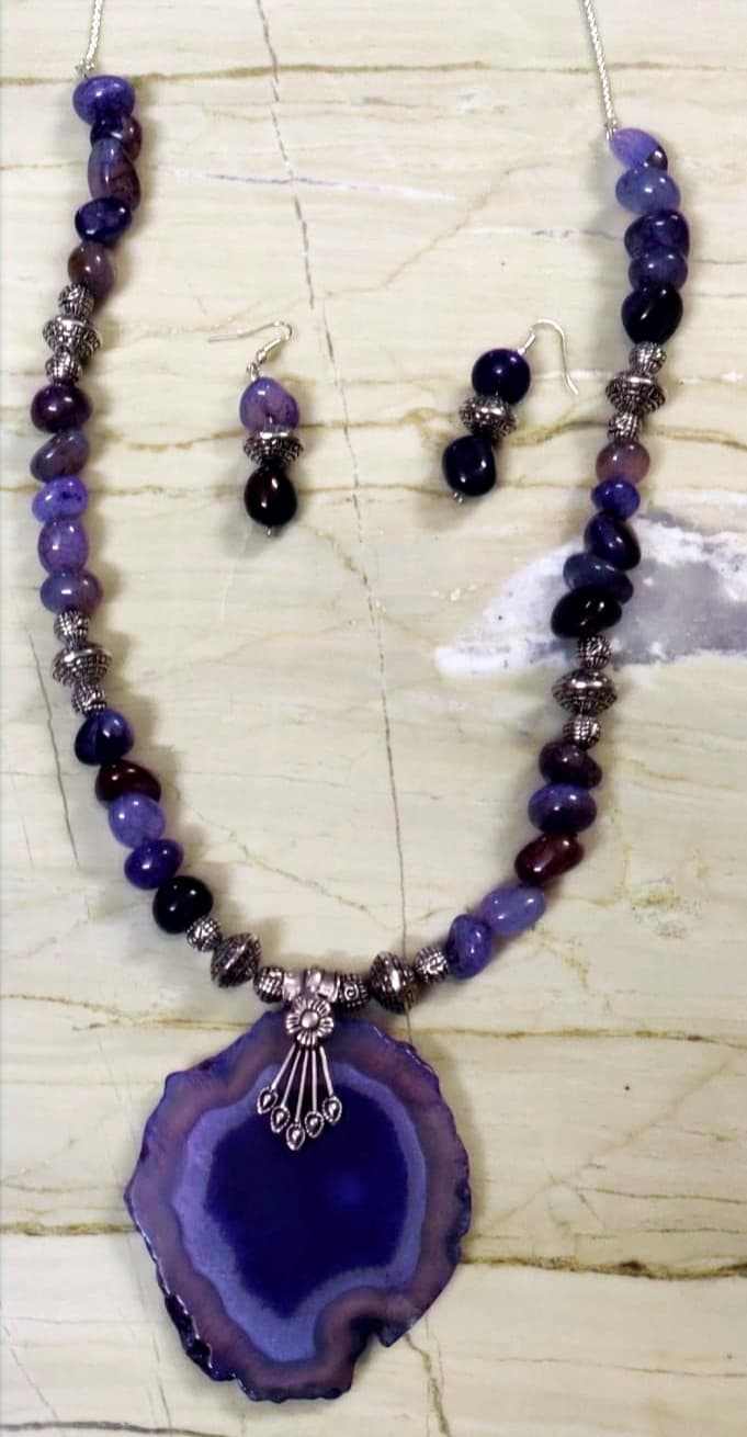 Necklace and earring set — violet with a purple agate pendant