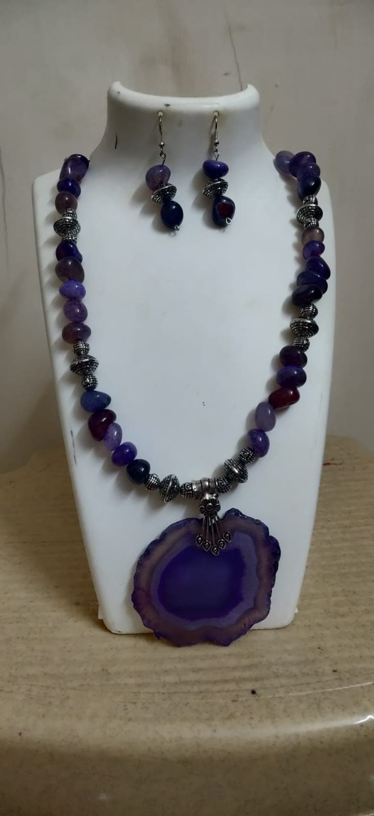 Necklace and earring set — violet with a purple agate pendant
