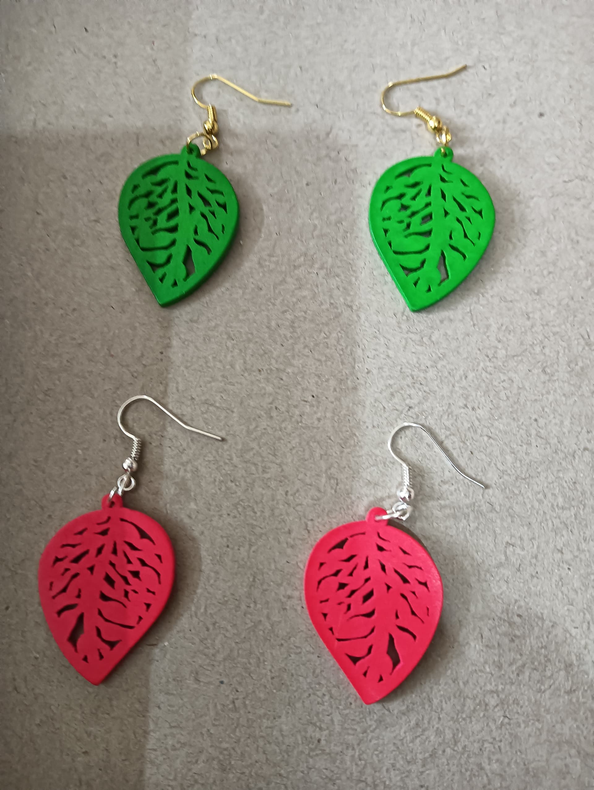 Handmade earrings — green, red and pink quilled paper leaves