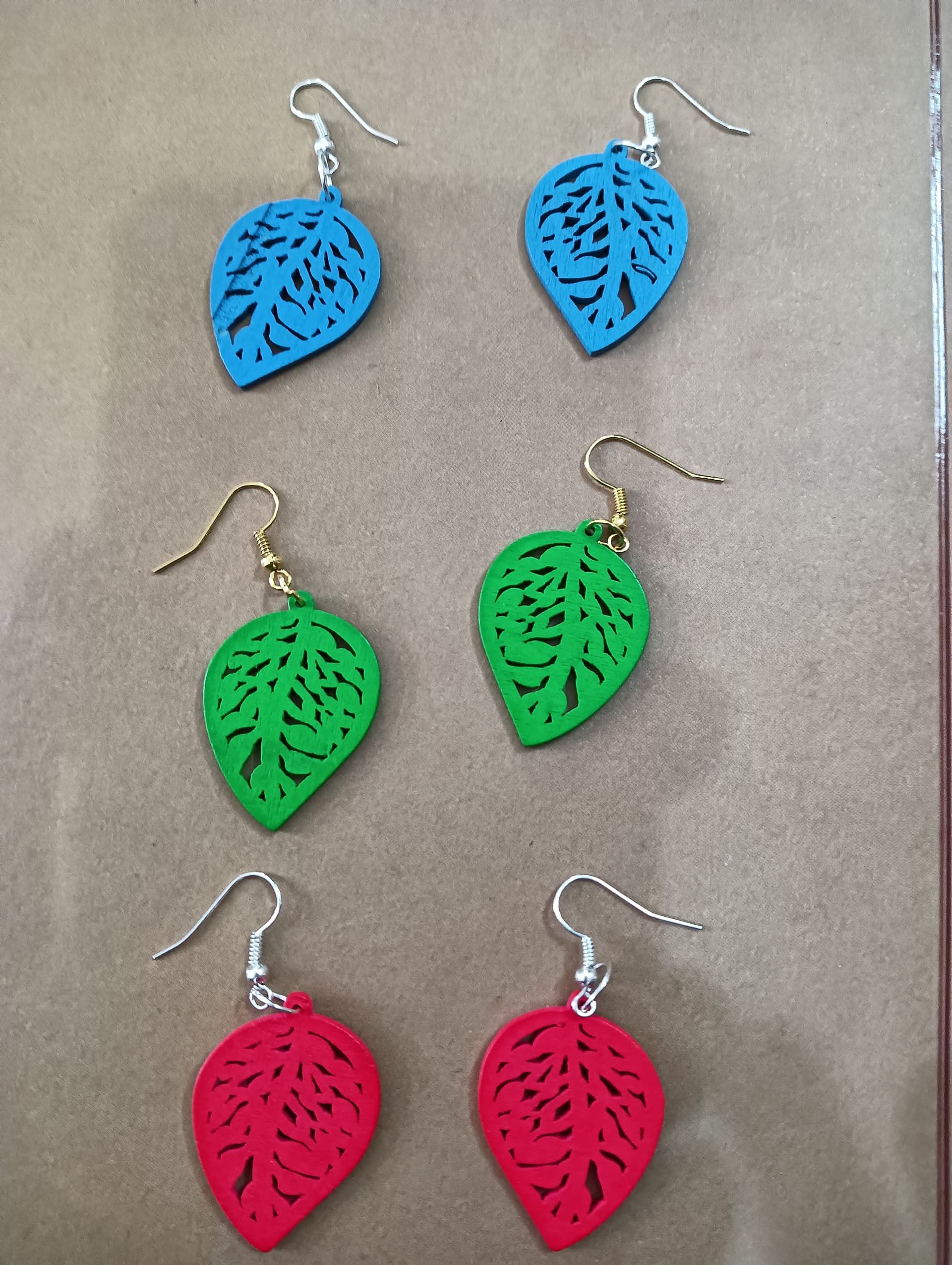Handmade earrings — blue, green and pink quilled paper leaves