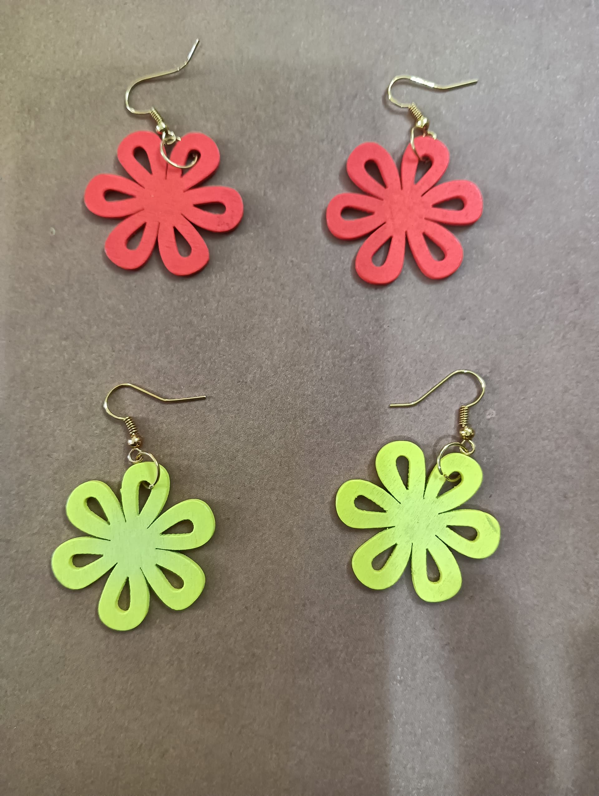 Handmade earrings — red and lime green quilled paper flowers