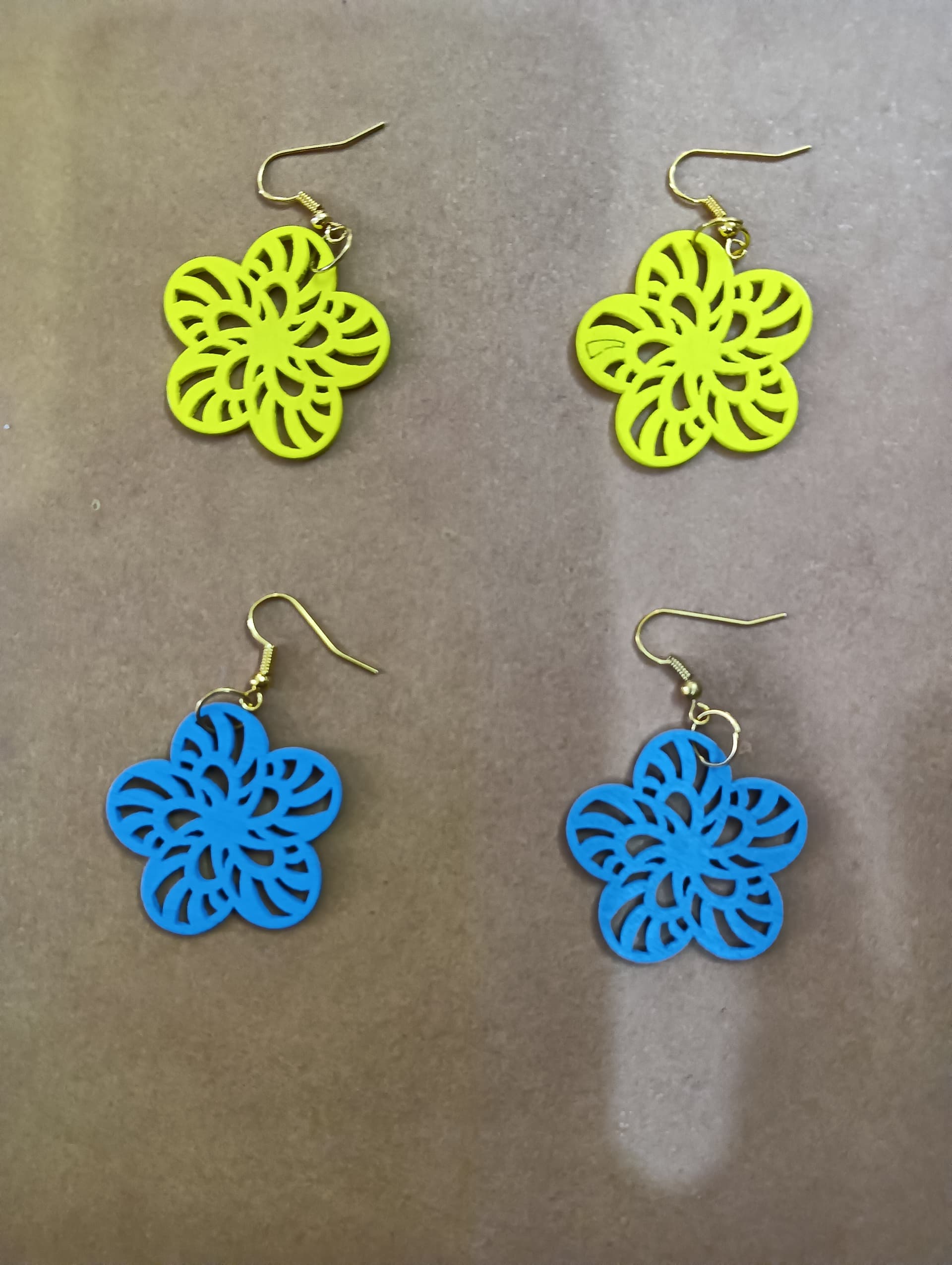 Handmade earrings — lime green and blue quilled paper flowers