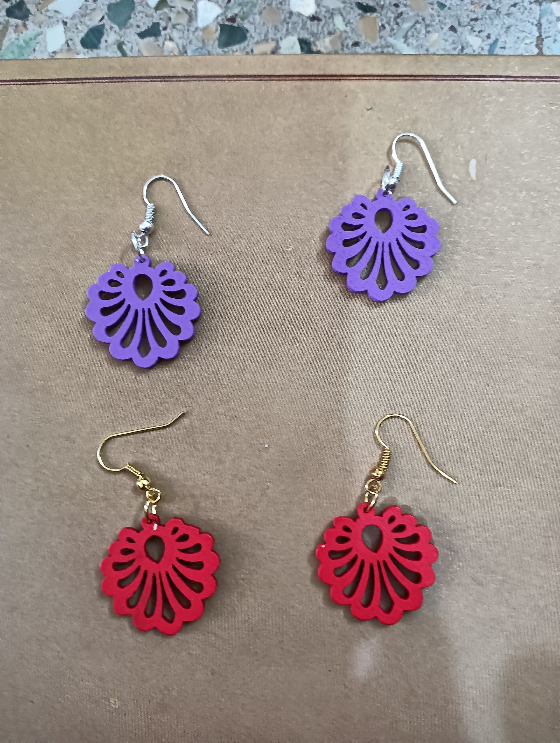 Handmade earrings — violet, red and pink quilled paper rounds