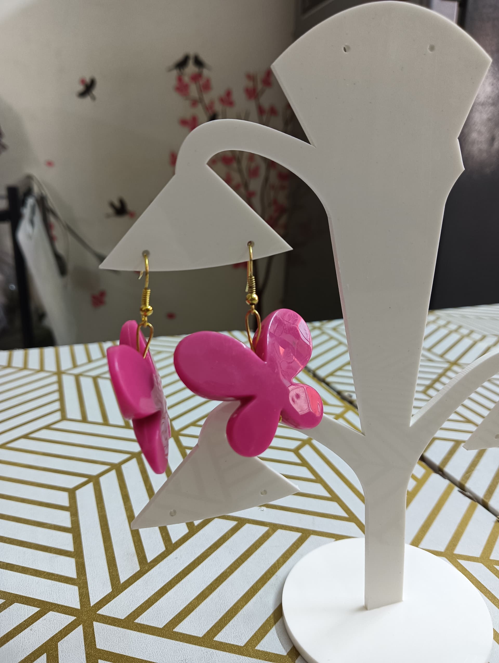 Handmade earrings — pink fabric butterflies