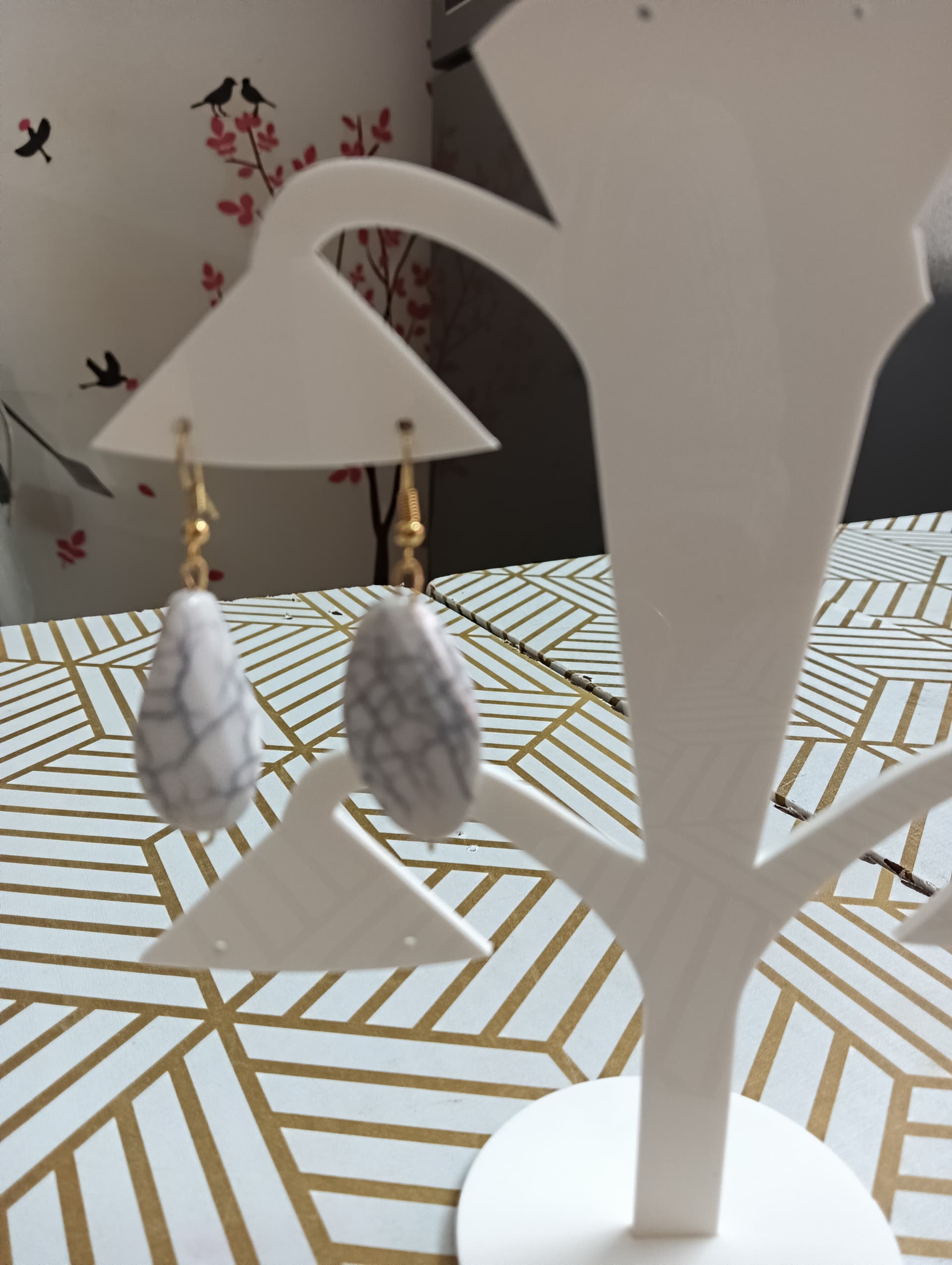 Handmade earrings — grey feather drops