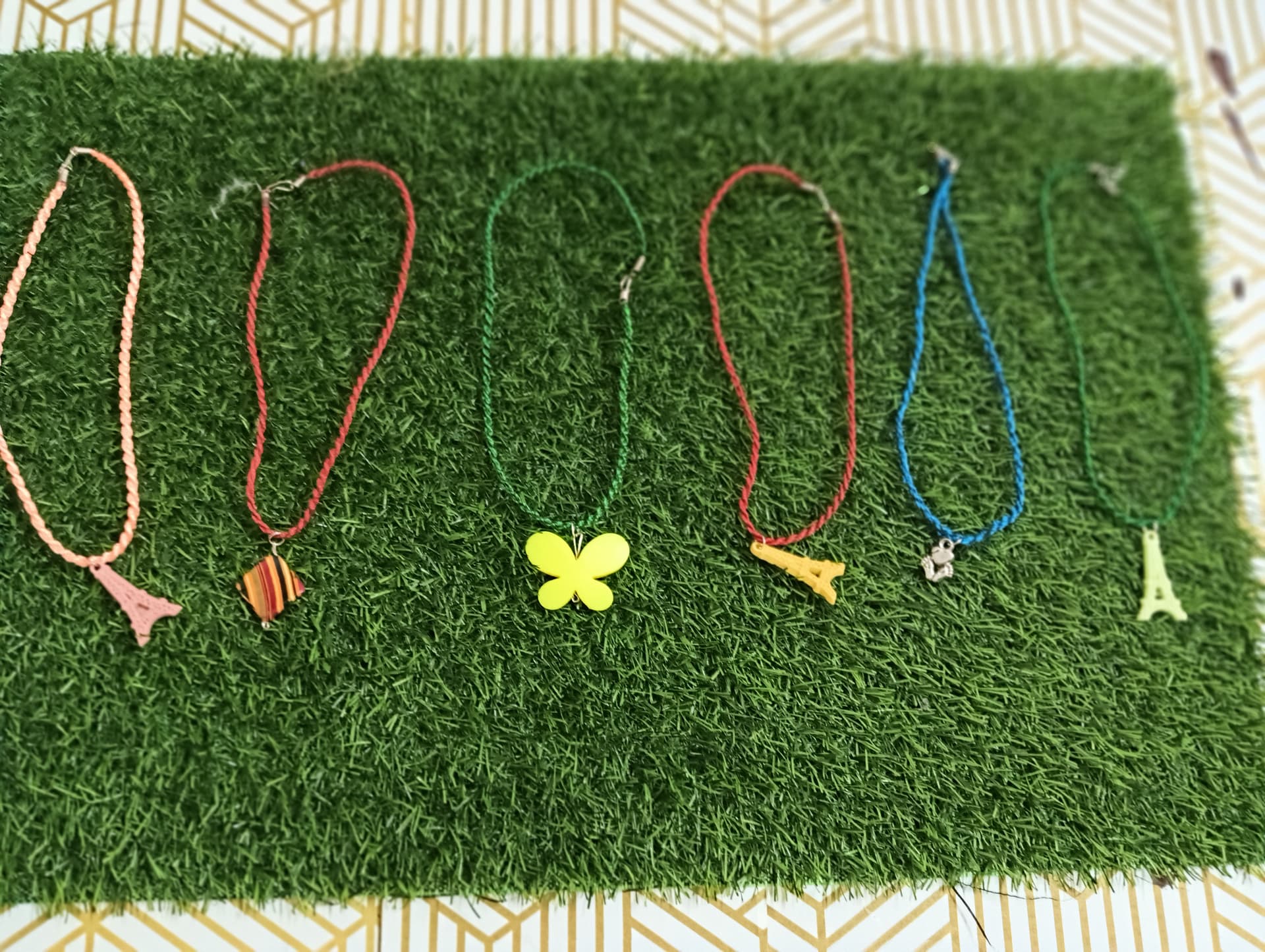 Set of thread necklaces — coral, green and blue thread necklaces with
