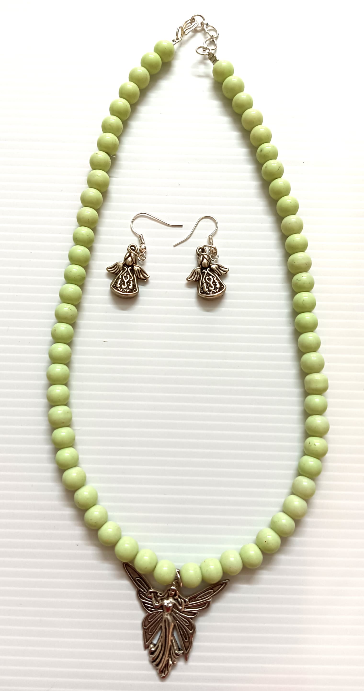 Necklace and earring set — olive green with a silver pendant