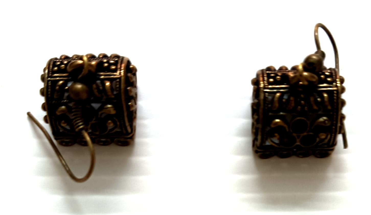 Handmade earrings — dark brown carved cubes