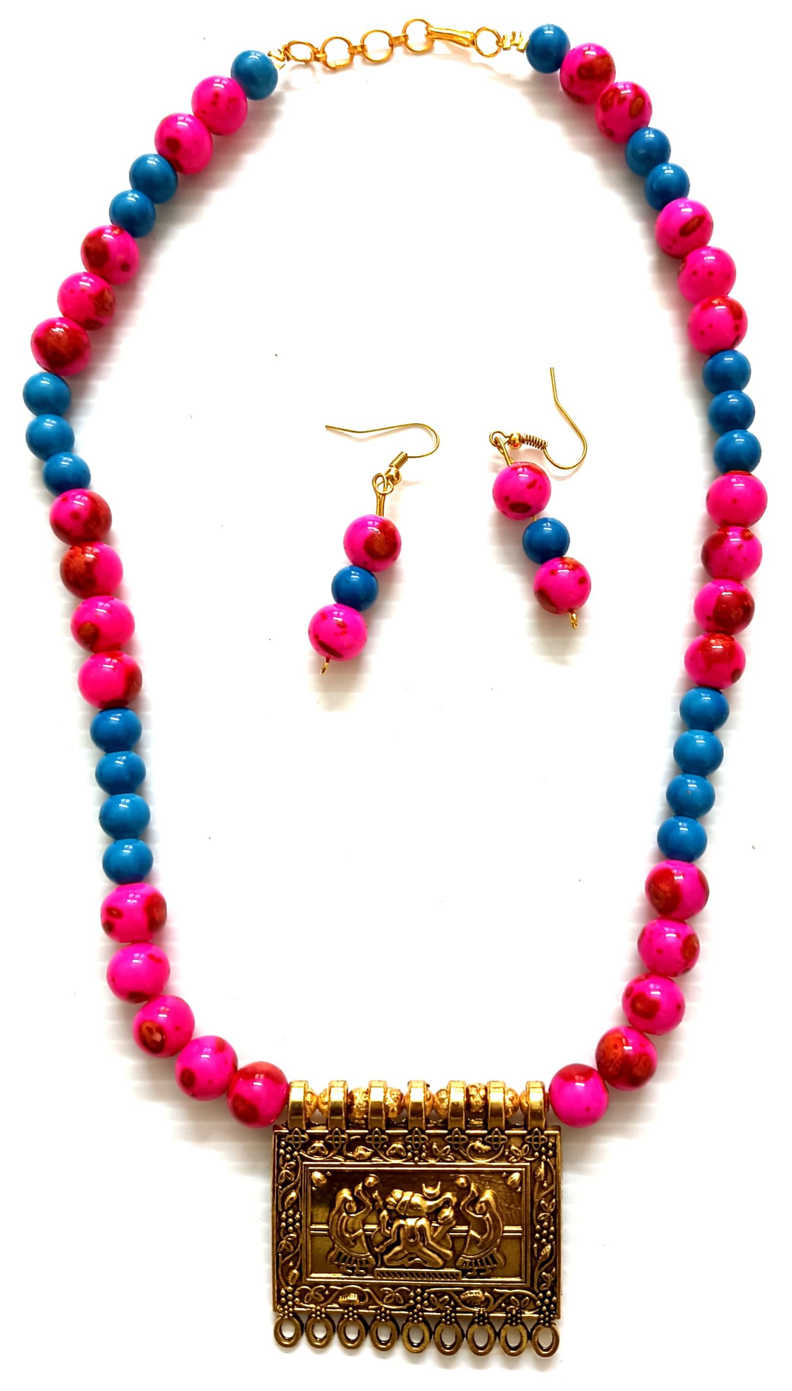 Necklace and earring set — pink and blue with a brass plaque pendant