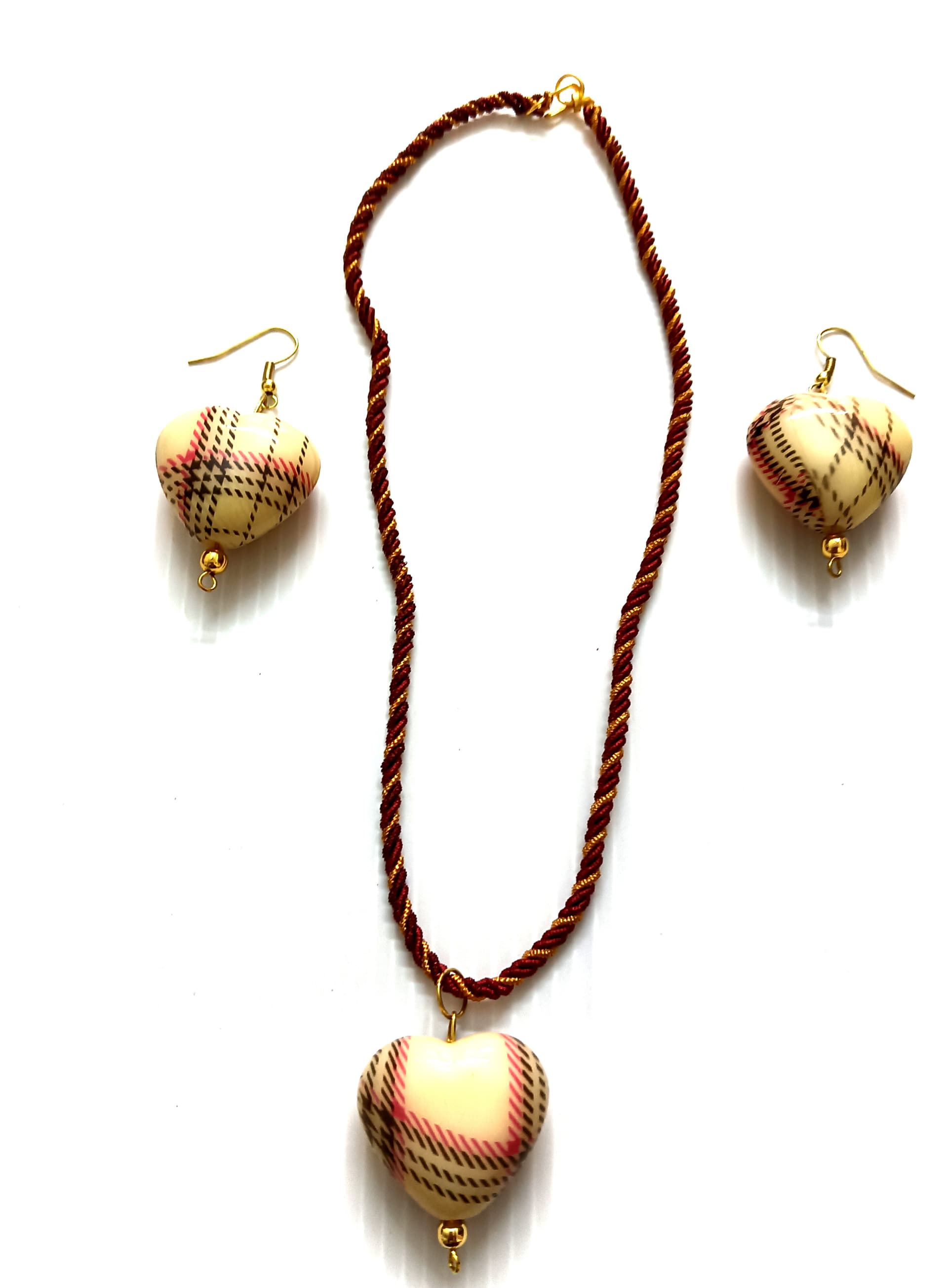 Necklace and earring set — brown thread with a cream pendant