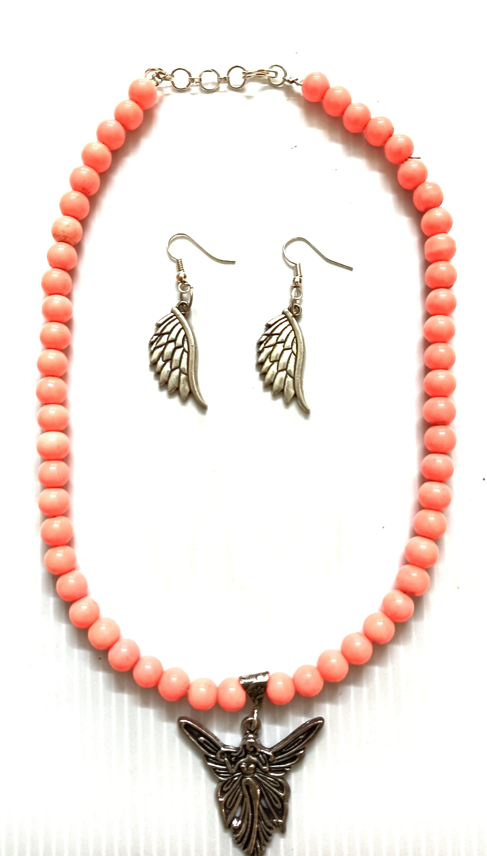 Necklace and earring set — coral with silver leaf drops