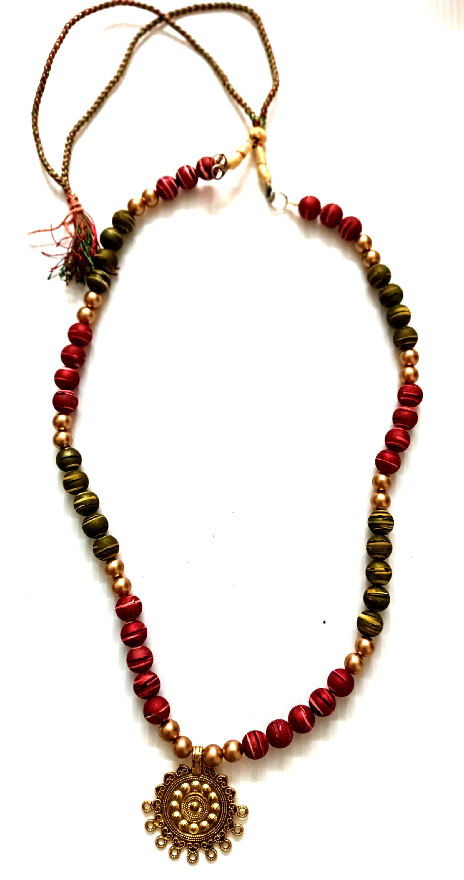 Necklace and earring set — wine with a brass pendant