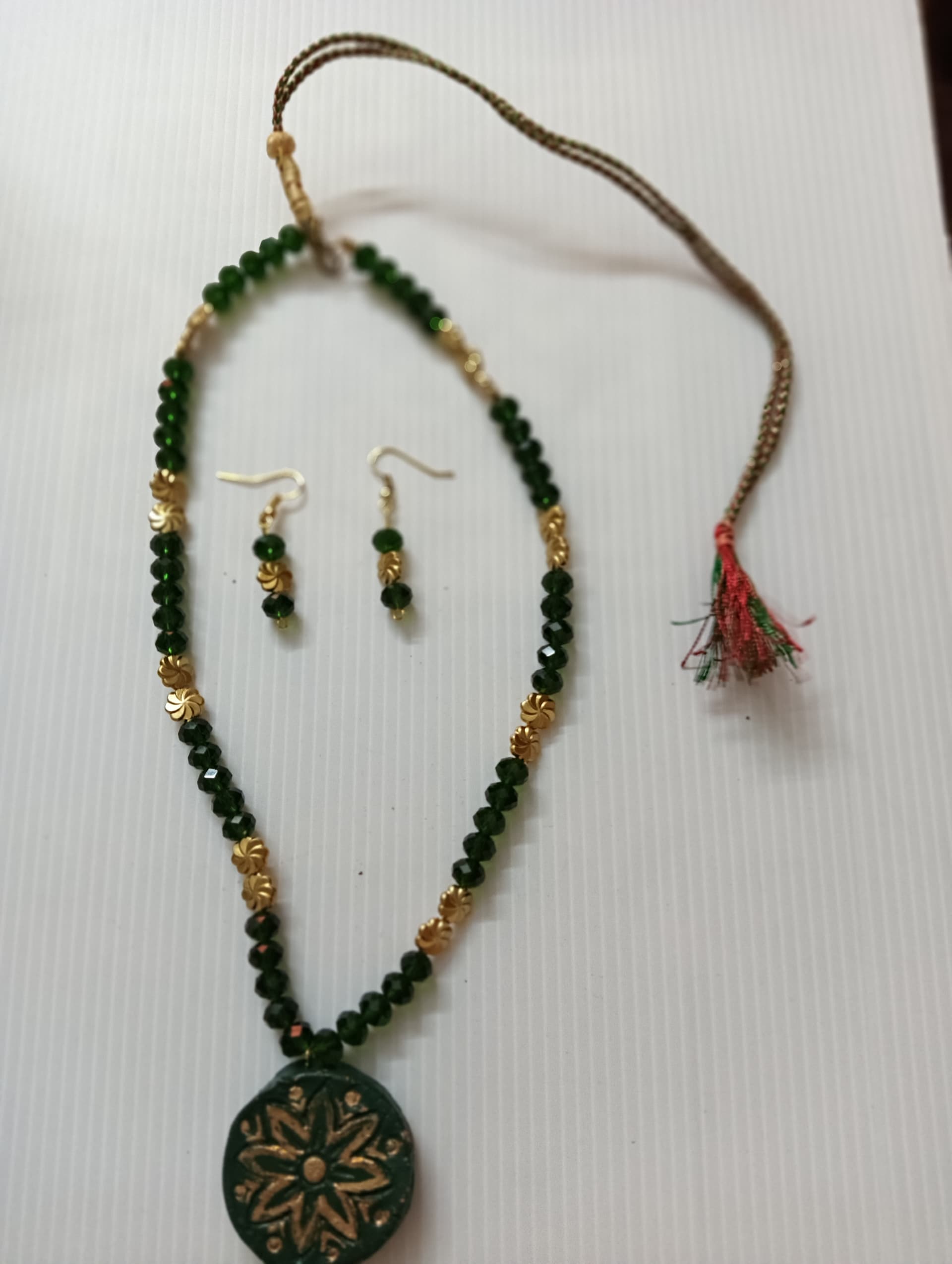 Necklace and earring set — olive with a brass round pendant