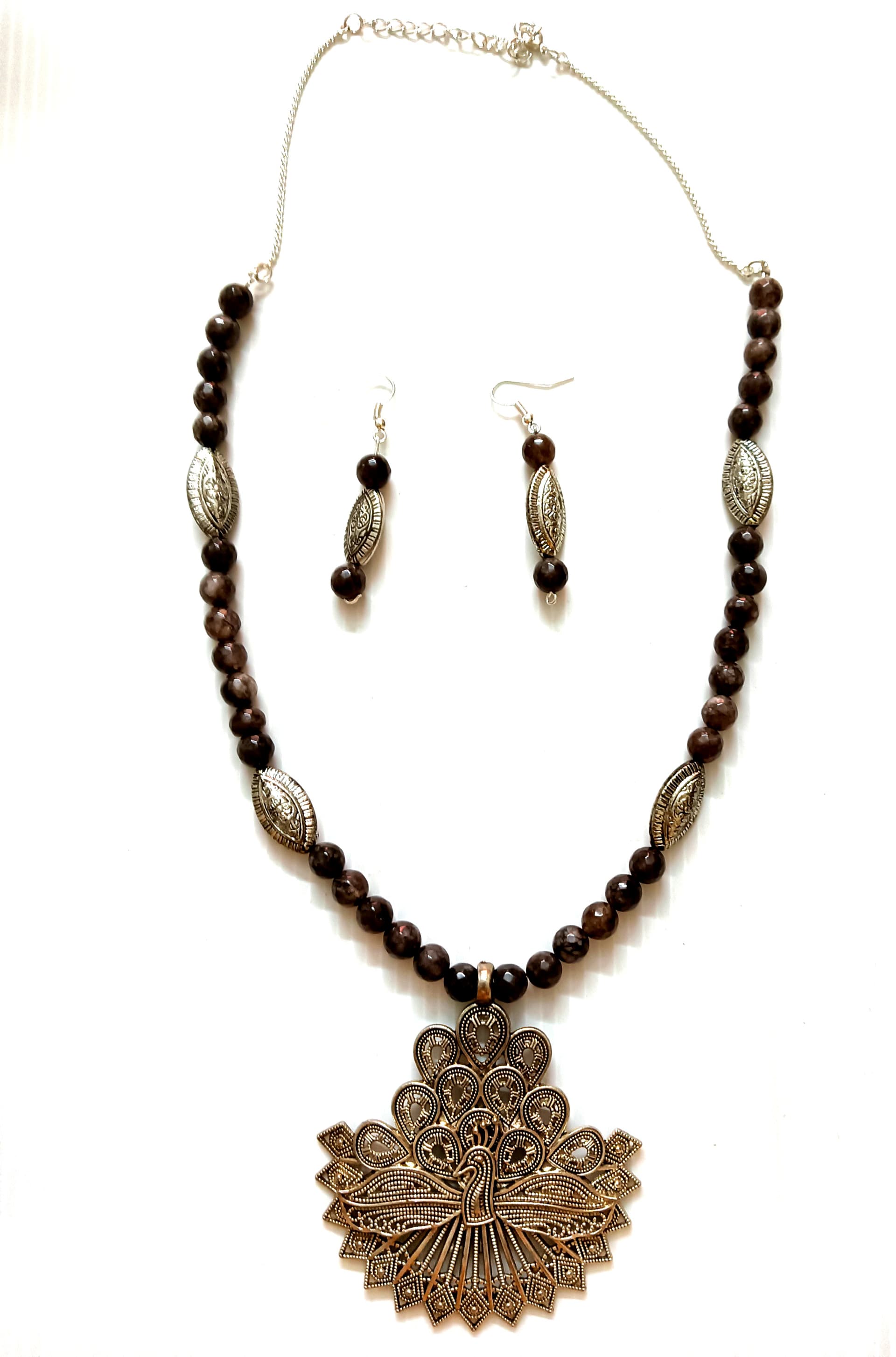 Necklace and earring set — cream with a large brass pendant