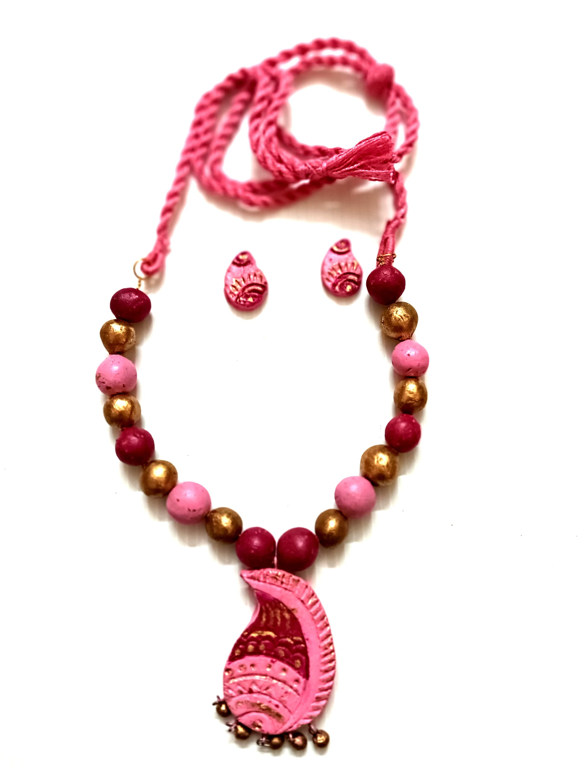 Necklace and earring set — pink thread with a pink paisley pendant