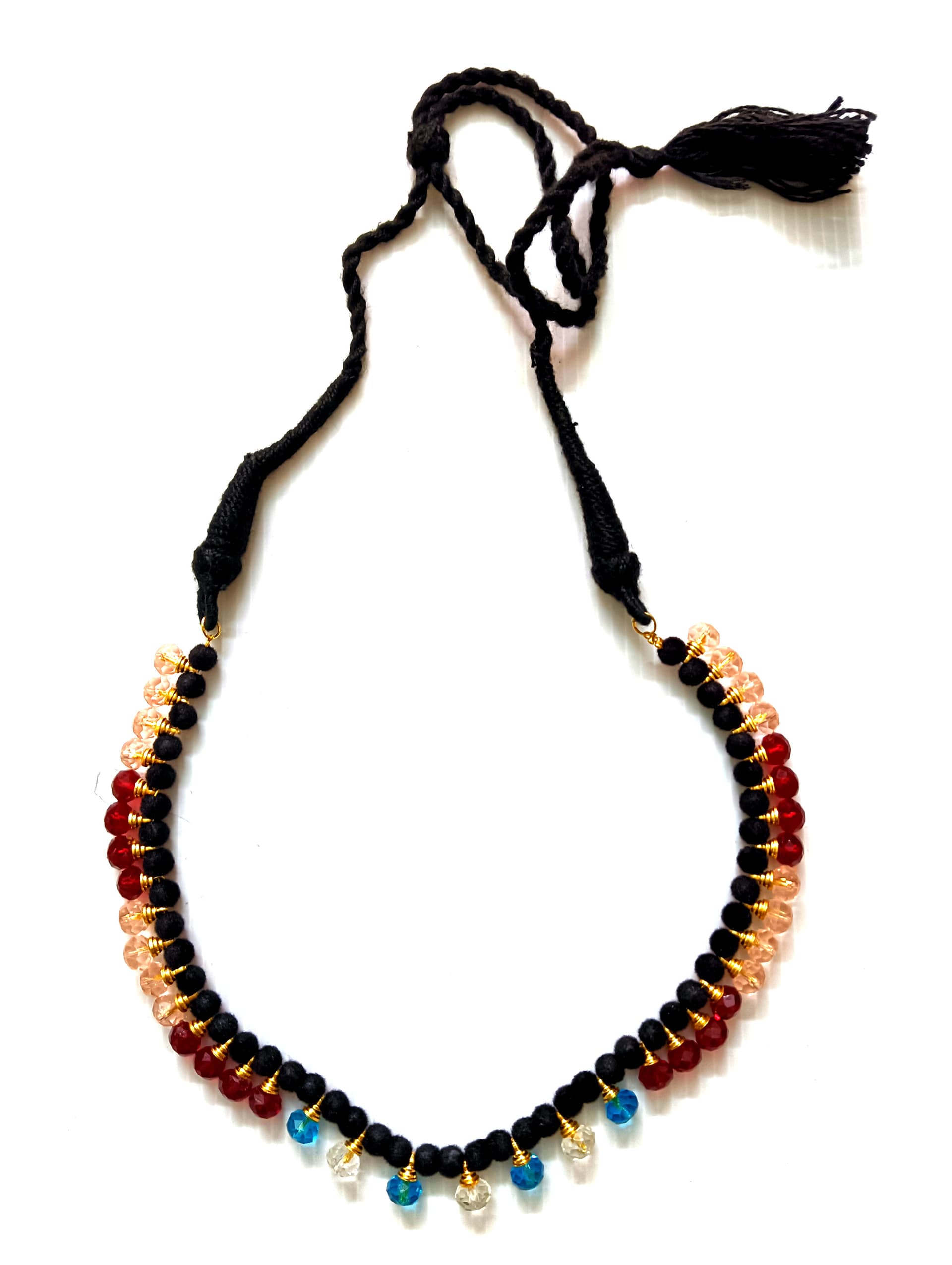 Handmade necklace — black thread with peach and multicolour