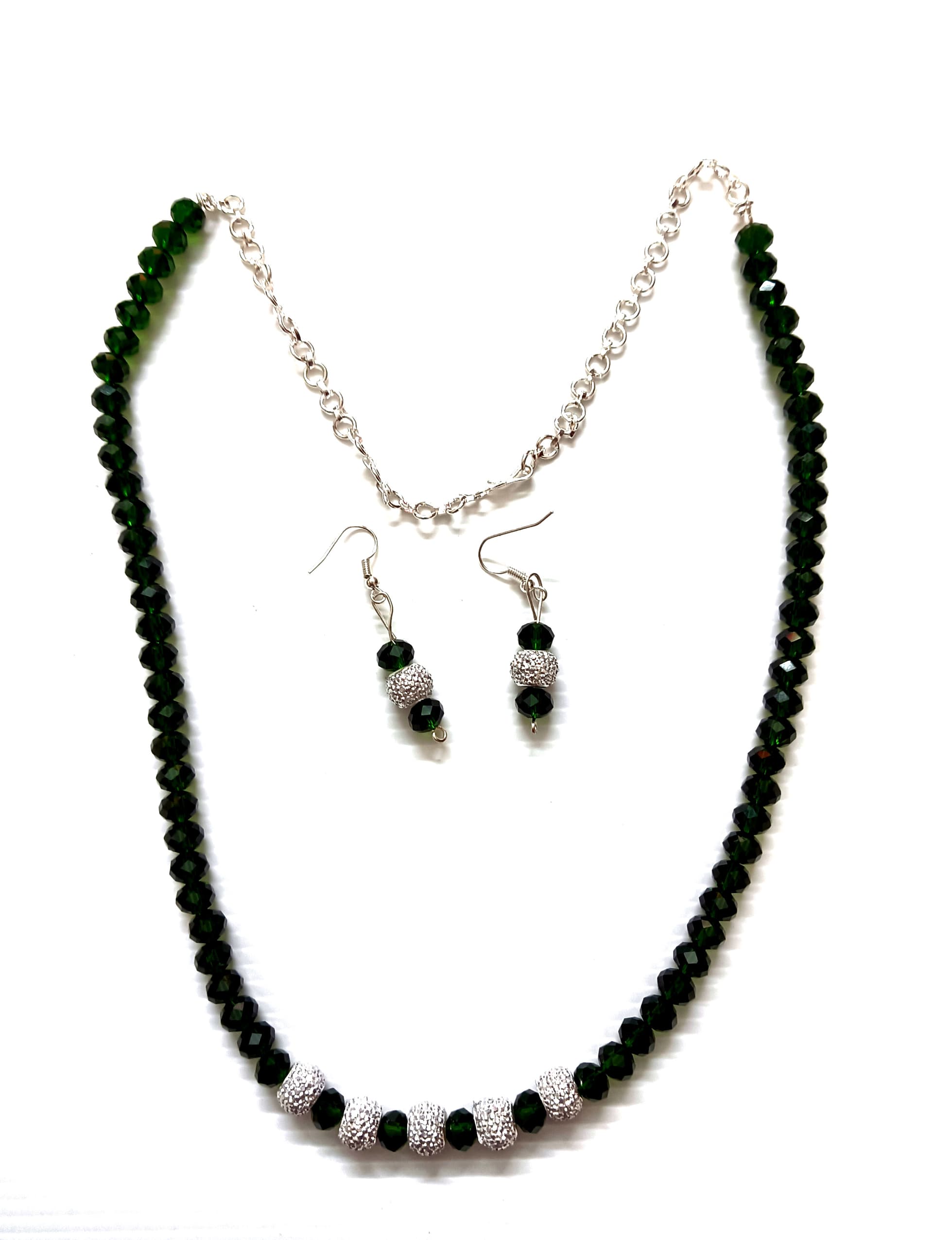 Necklace and earring set — dark green with a silver drop