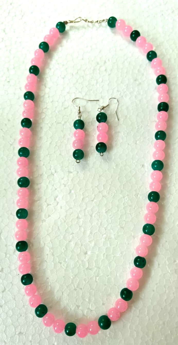 Necklace and earring set — pink and green