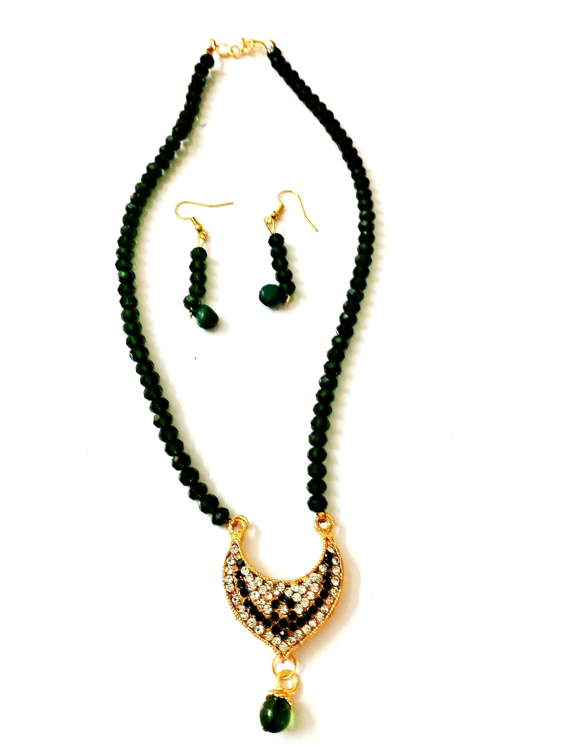 Necklace and earring set — black with a gold and green pendant