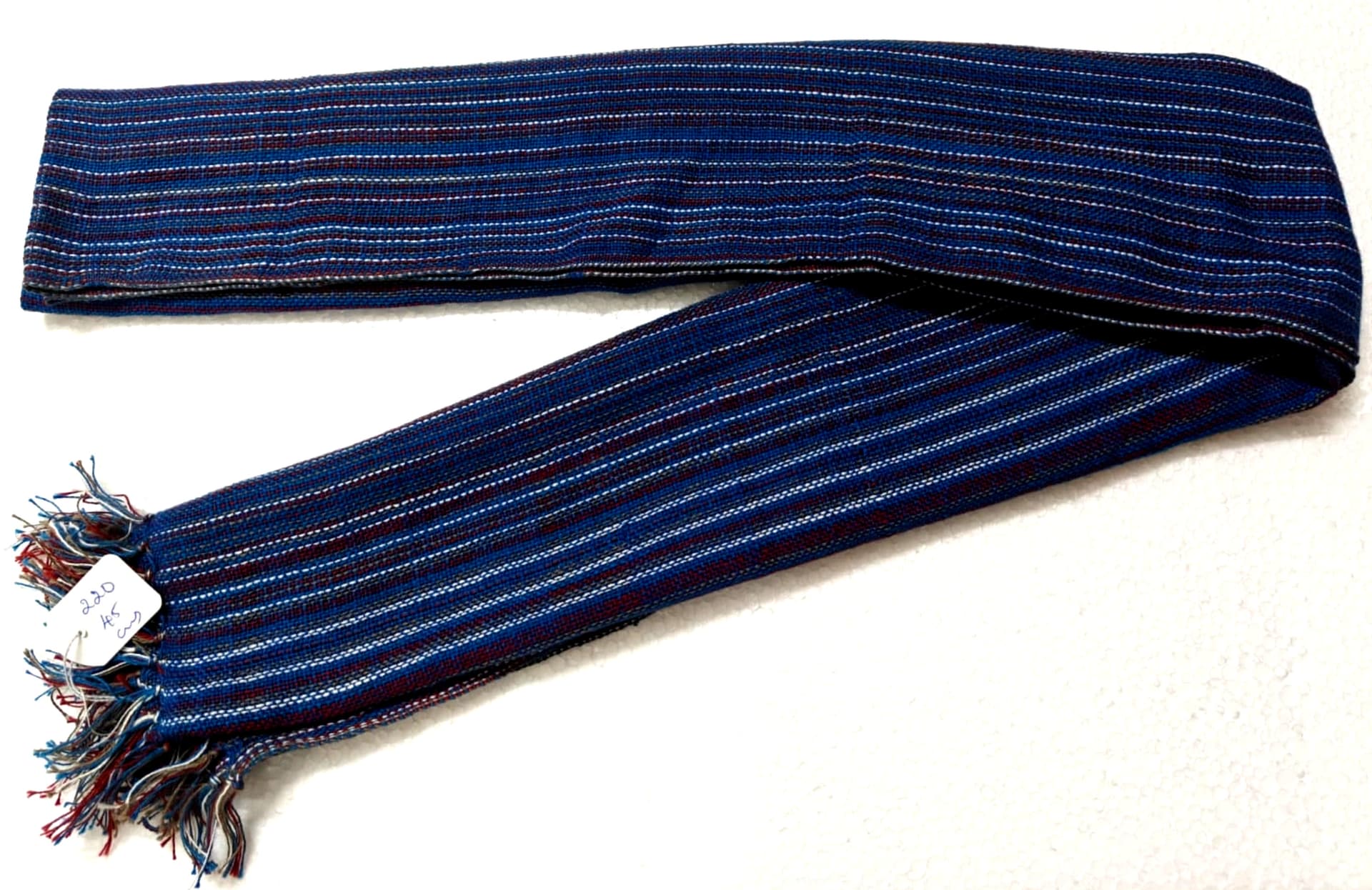 Saori handwoven stole — navy blue with fine white pinstripes