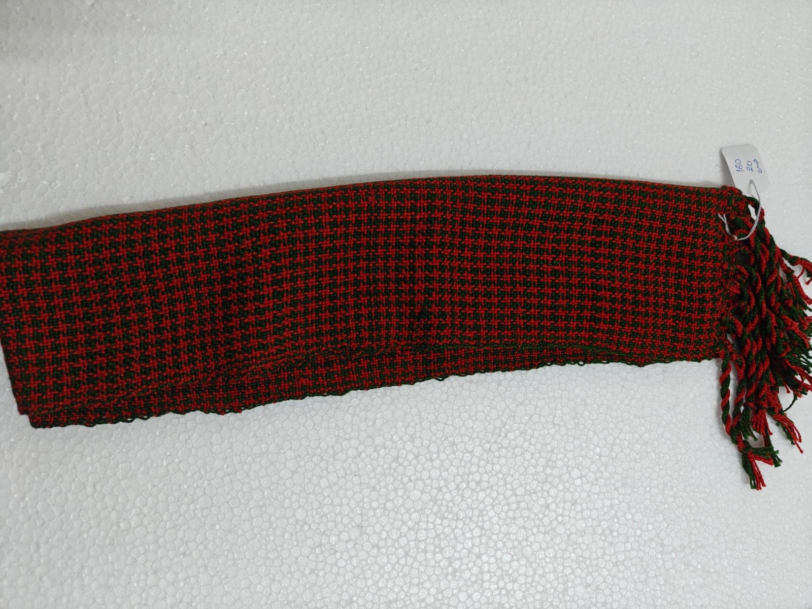 Saori handwoven stole — brick red with black check