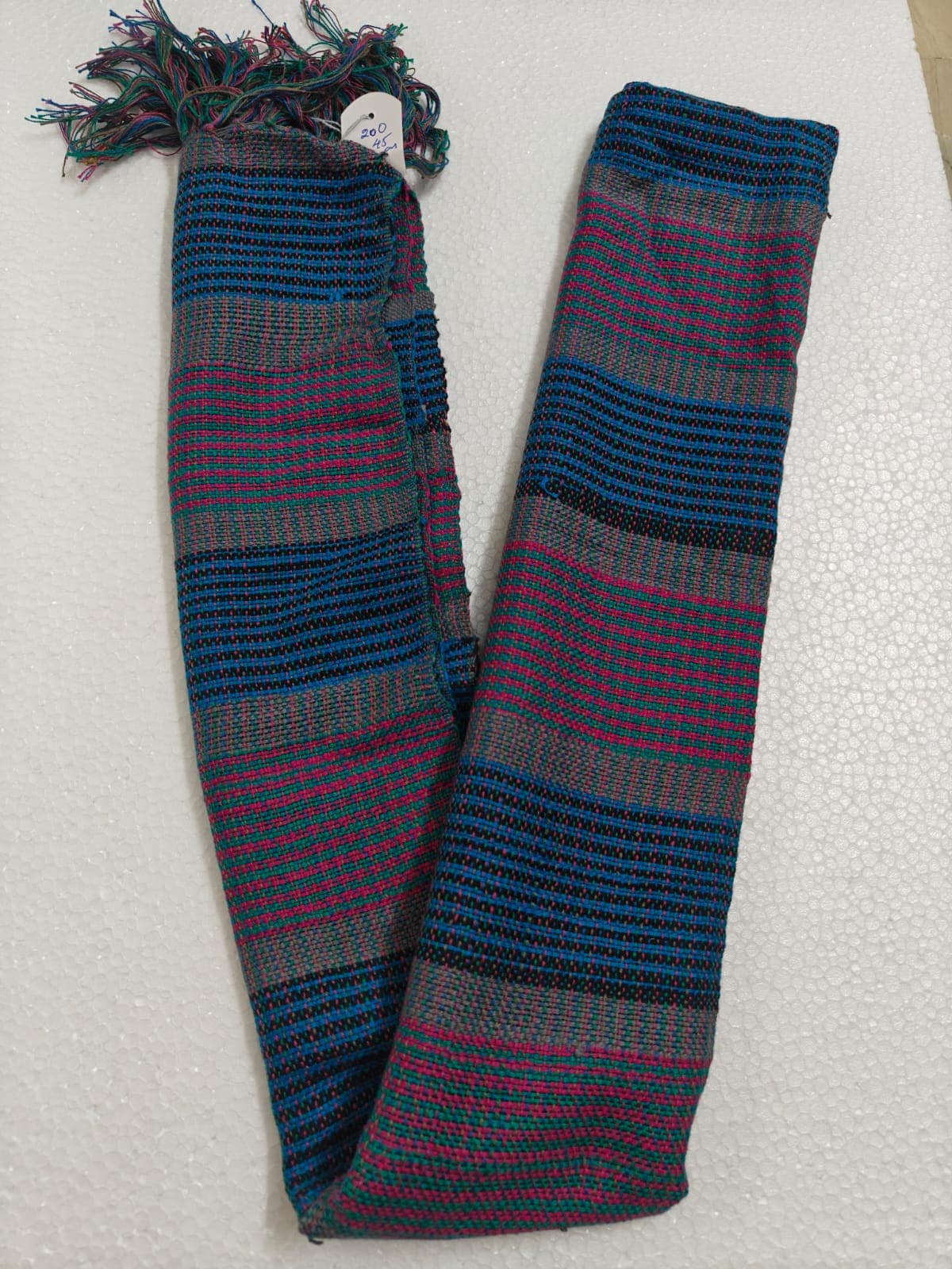 Saori handwoven stole — teal, plum and violet stripes
