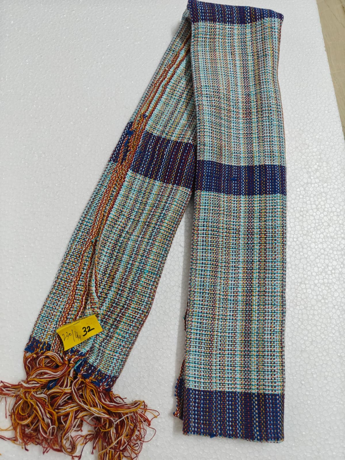Saori handwoven stole — pale blue-grey with navy and mustard bands