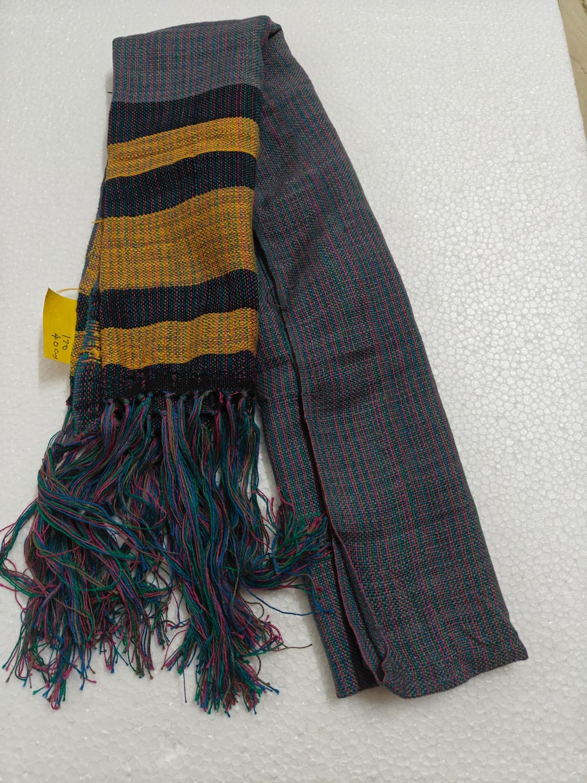 Saori handwoven stole — grey with mustard and navy bands