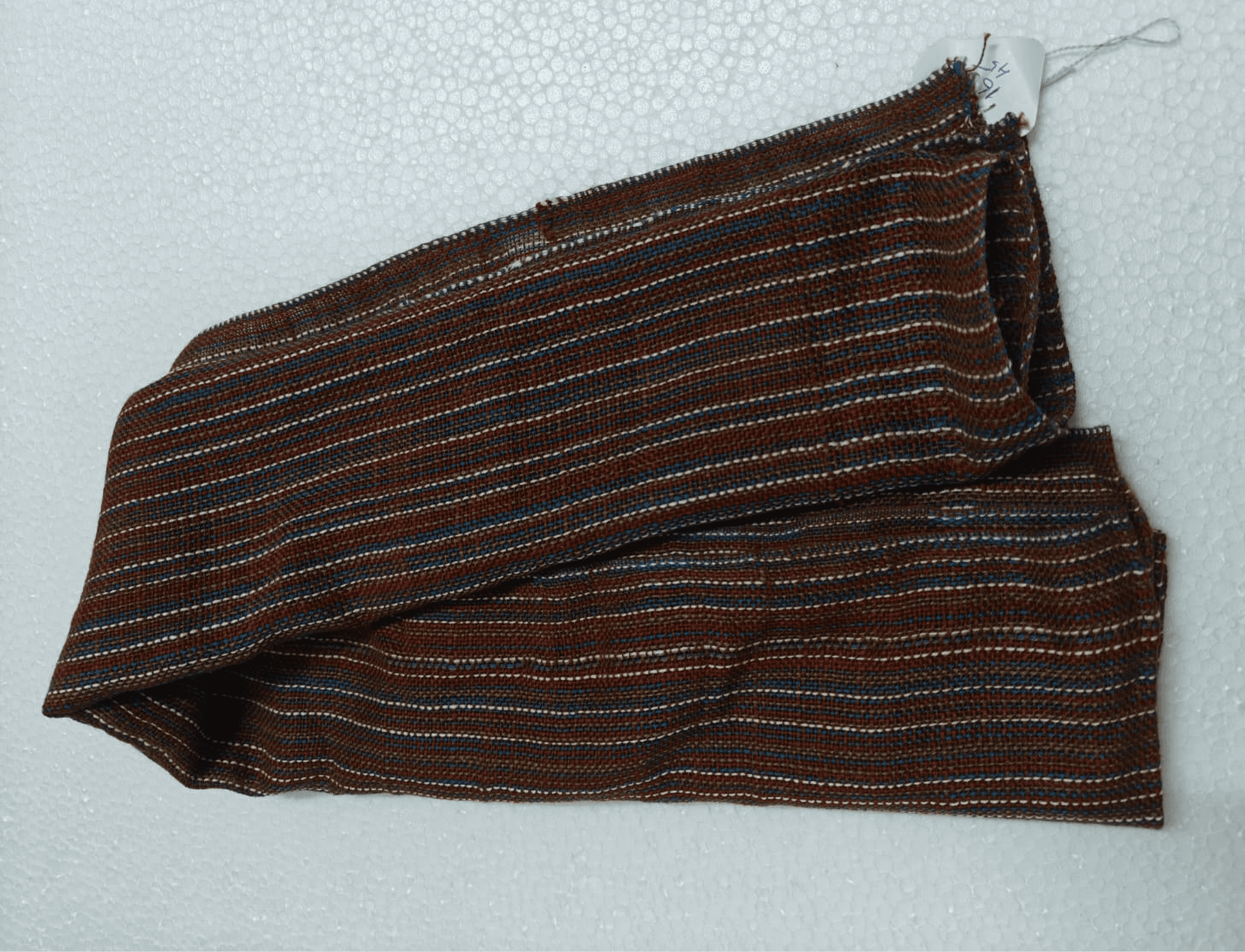 Saori handwoven stole — dark brown with fine multicolour stripes