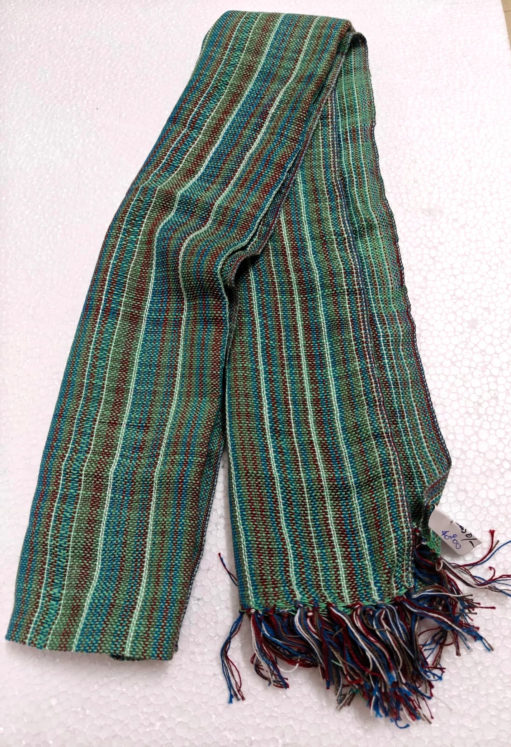Saori handwoven stole — green and teal stripes