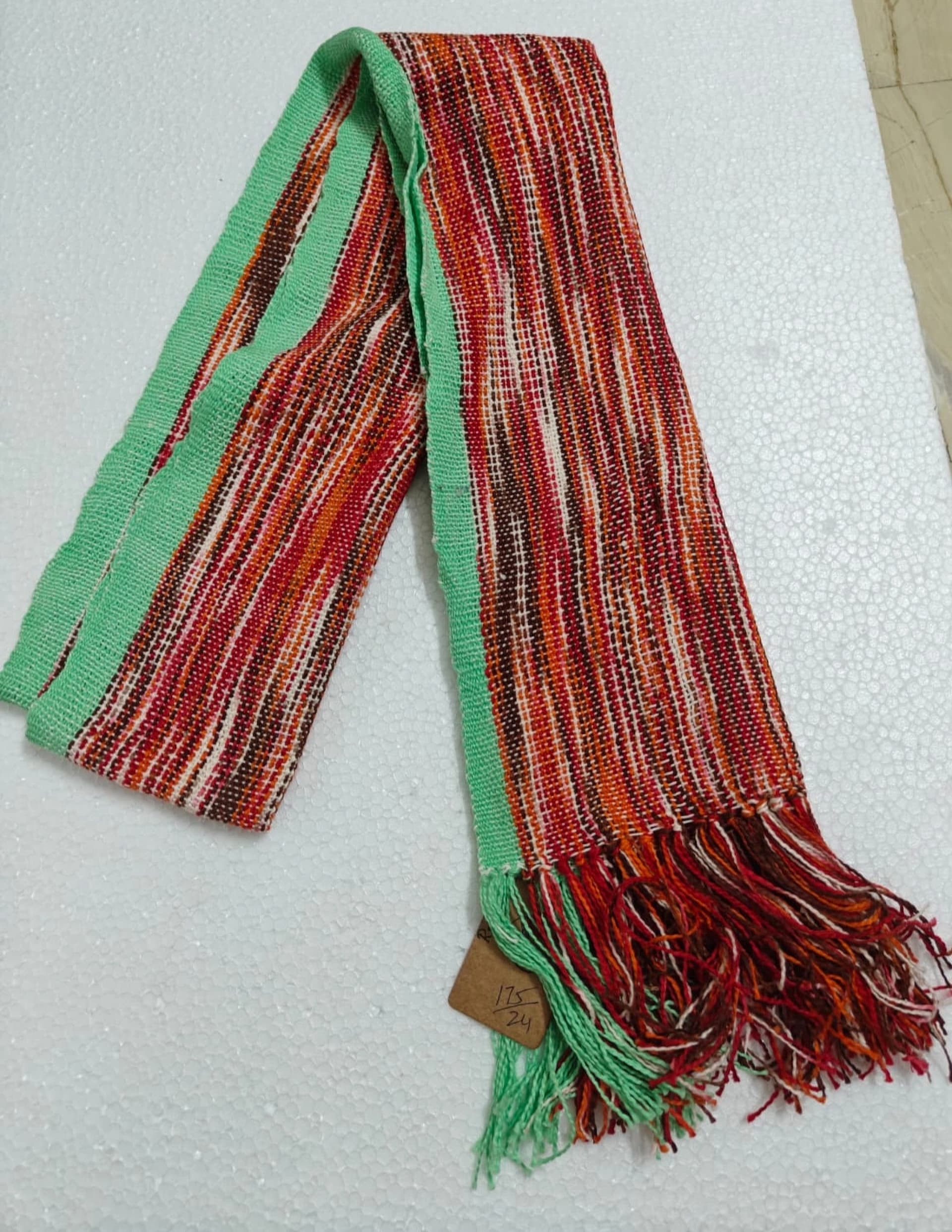 Saori handwoven stole — mint green and red stripes