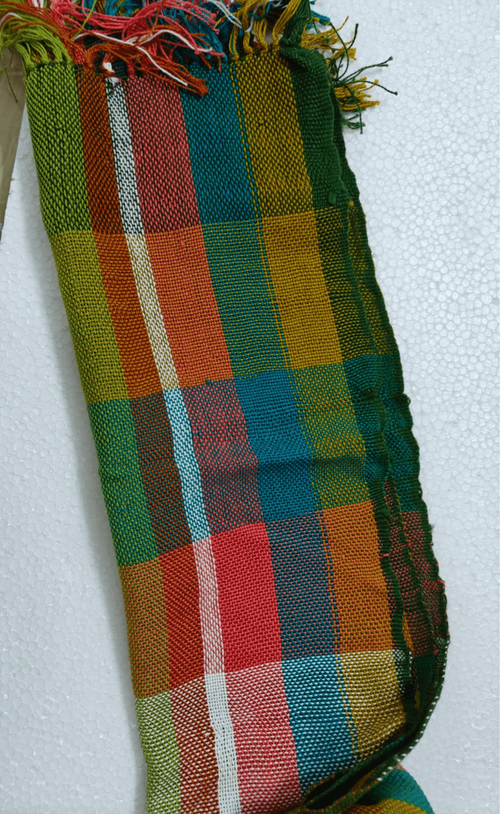Saori handwoven stole — multicolour checks in green, red, blue and