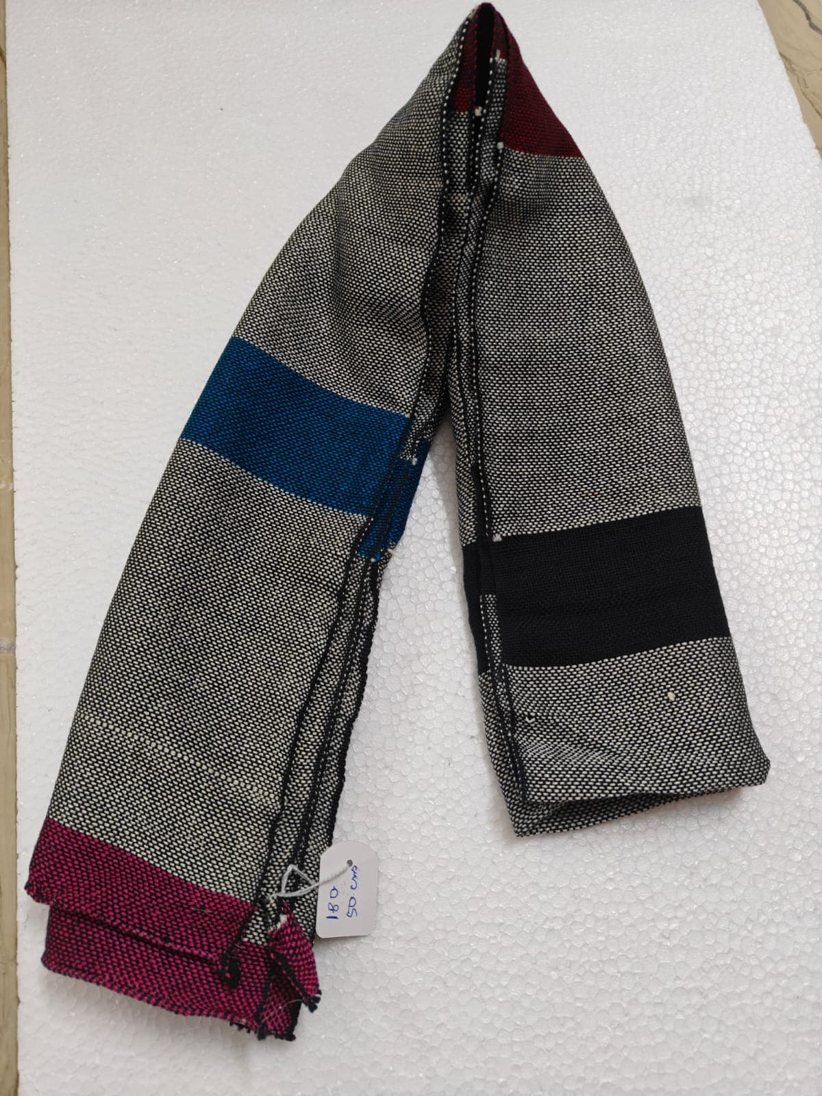 Saori handwoven stole — grey with teal, black and wine bands