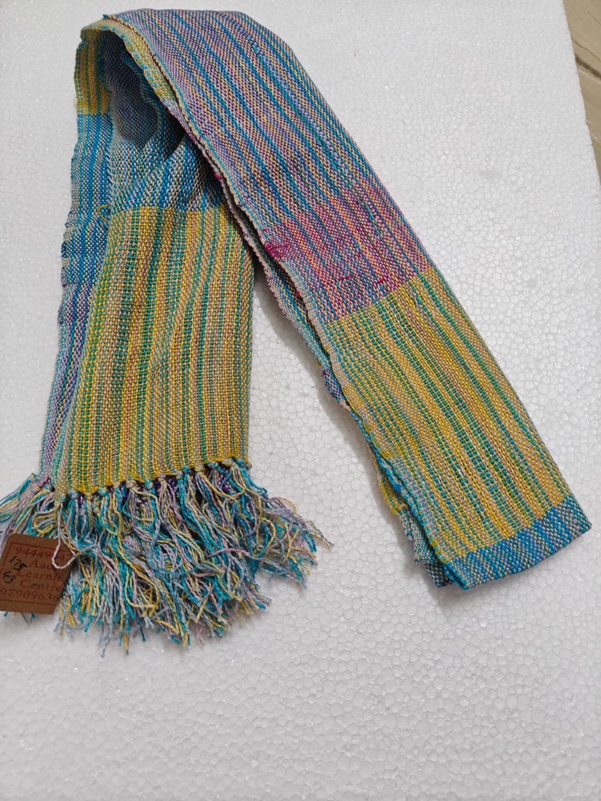 Saori handwoven stole — pale blue, pink and yellow stripes