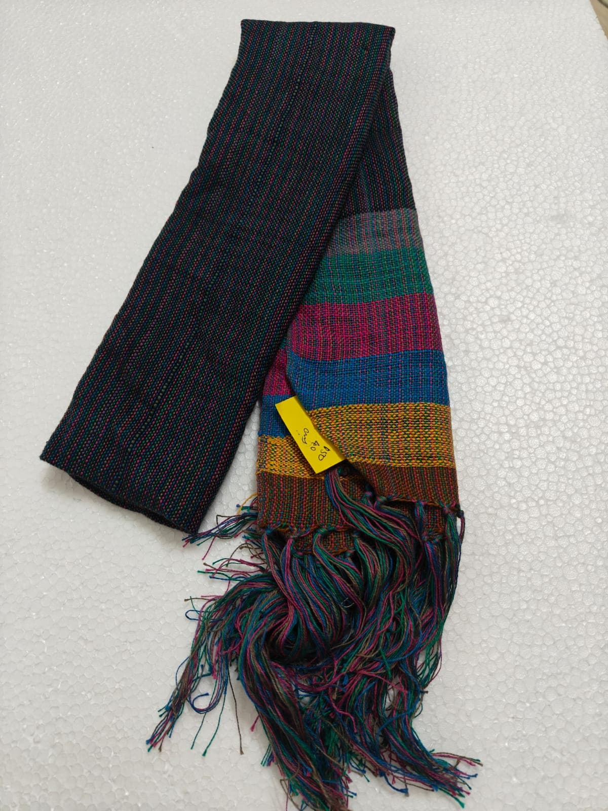 Saori handwoven stole — charcoal with teal, magenta and mustard